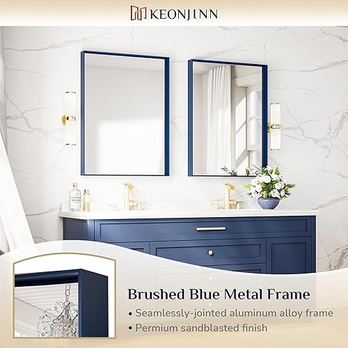 Miniatura 305 de Keonjinn Espejo de baño dorado de 48 x 36 pulgadas, espejo rectangular con marco de metal dorado cepillado, espejo de pared grande rectangular