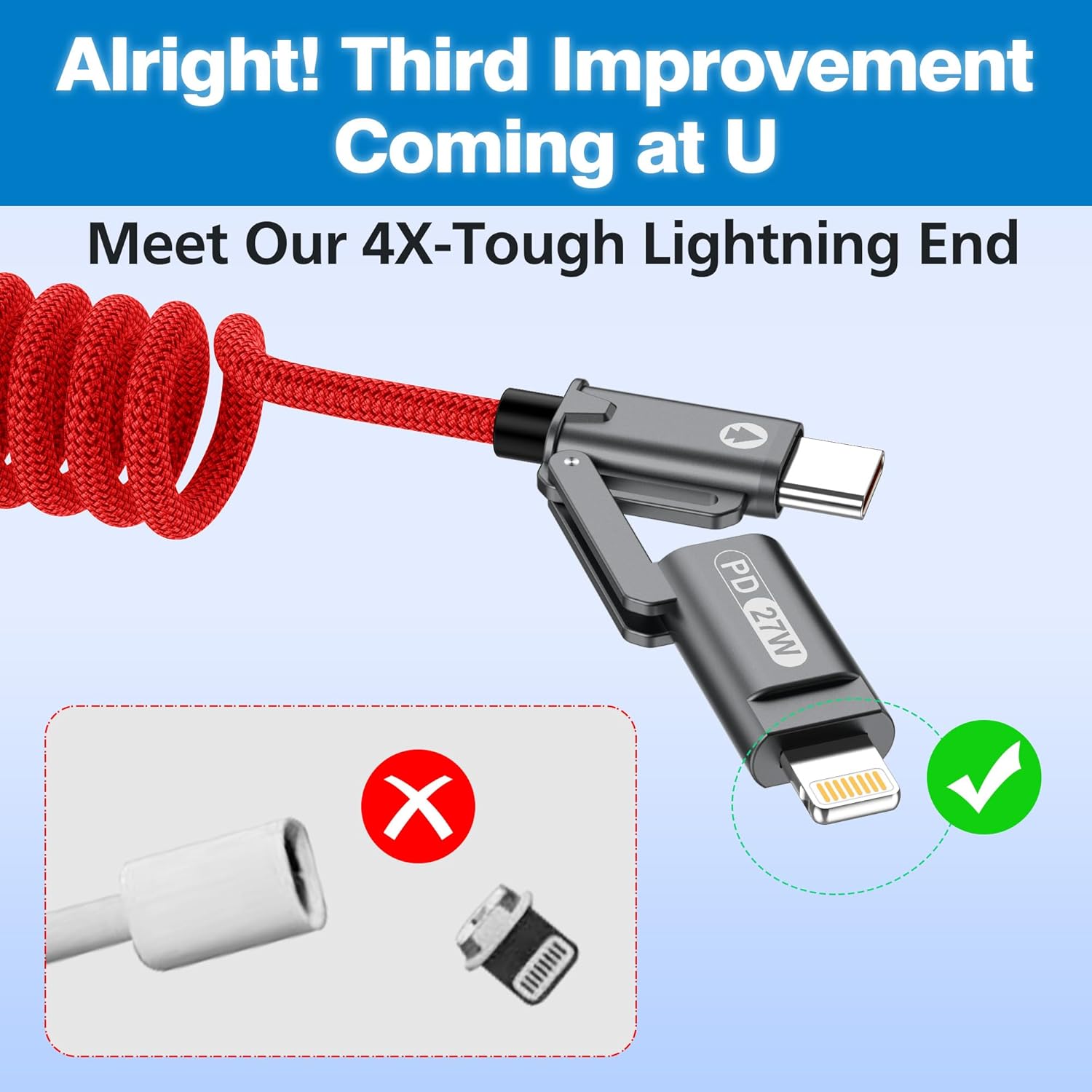 AGVEE 1.5ft 4-in-1 Coiled Multi USB C Charging Cable, Secure-Slide No-Loss Adapters, Slim Tips Fit Thick Cases, Lightning End Reinforced, PD 60W for iPhone Carplay, Samsung, iPad, Red - Image 4