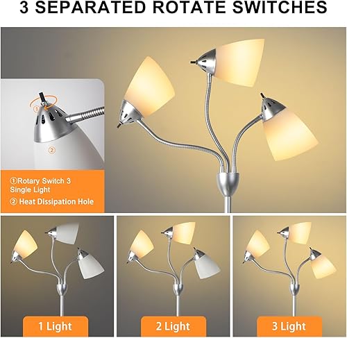 Miniatura 5 de DLLT - Lámpara de pie moderna de metal, lámpara de pie de lectura con brazos oscilantes flexibles con pantalla de metal, lámpara de pie industrial