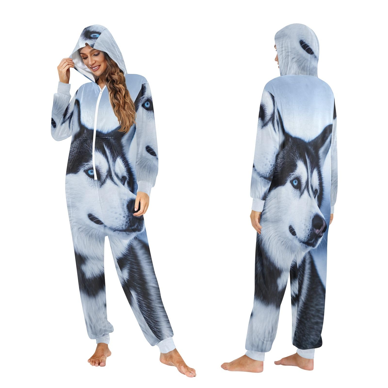 Husky Dog Adulto Pigiama Tuta con Cappuccio Zip Tuta per Donne Uomini Caldo Natale Sleepwear