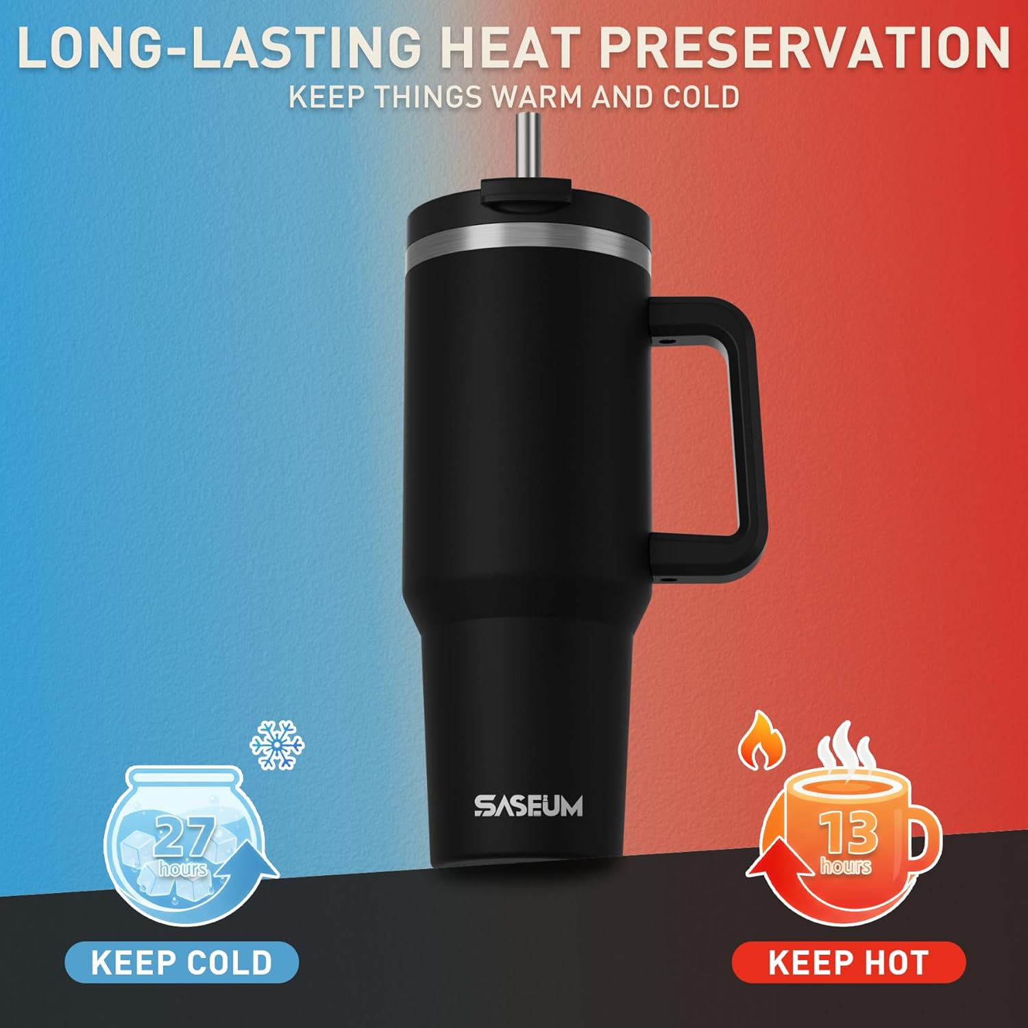 40 oz Tumbler with Handle and Straw, Vacuum Insulated Stainless Steel Travel Mug with Leak-Proof Lid and 2 Reusable Metal Straws, Car Cup Holder Compatible BPA-Free Cup for Hot & Cold Drinks – Black - Image 4