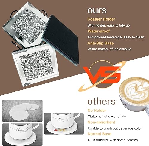 Miniatura 3 de DILIBRA - Juego de 6 posavasos de vidrio con espejo con soporte, posavasos modernos con cristales brillantes para Dirnk, platos de vidrio de