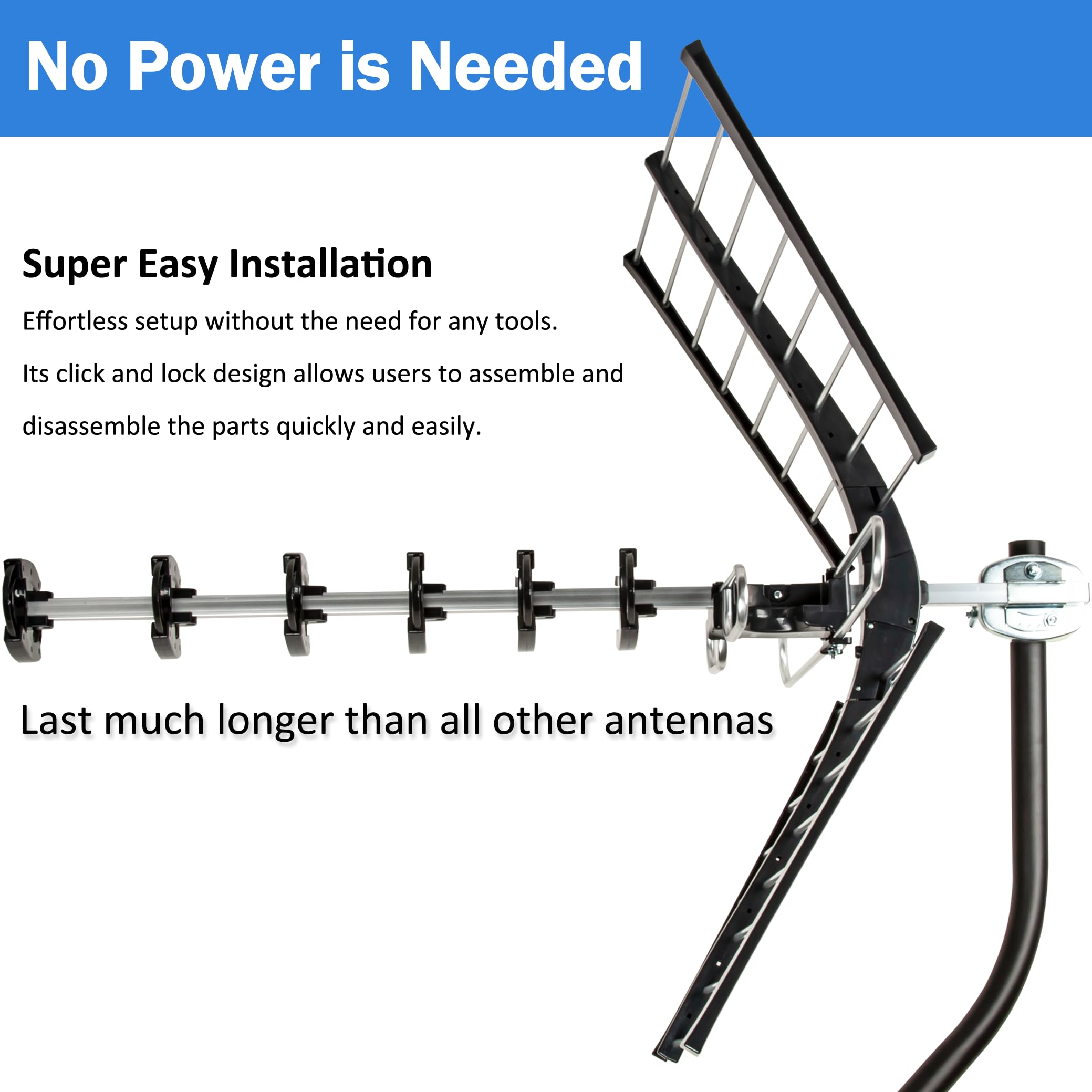 Five Star Antena para exteriores HDTV VHF UHF UHF de alto rendimiento de 200 millas de largo alcance con soporte de poste de montaje de 27 pulgadas ATSC 3.0 y 4K