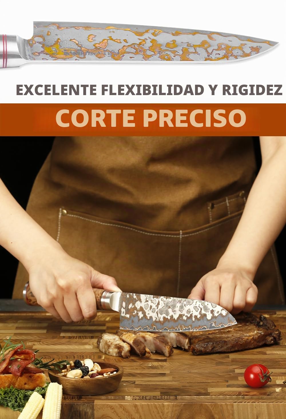YOUSUNLONG Cuchillos de Chef Damasco - Hoja de Acero Damasco Cobreado de 168mm hecho a mano en Japón - Cuchillo de Cocina Profesional Afilado como una Navaja - Mango de Madera Naturel Burl con Cuero