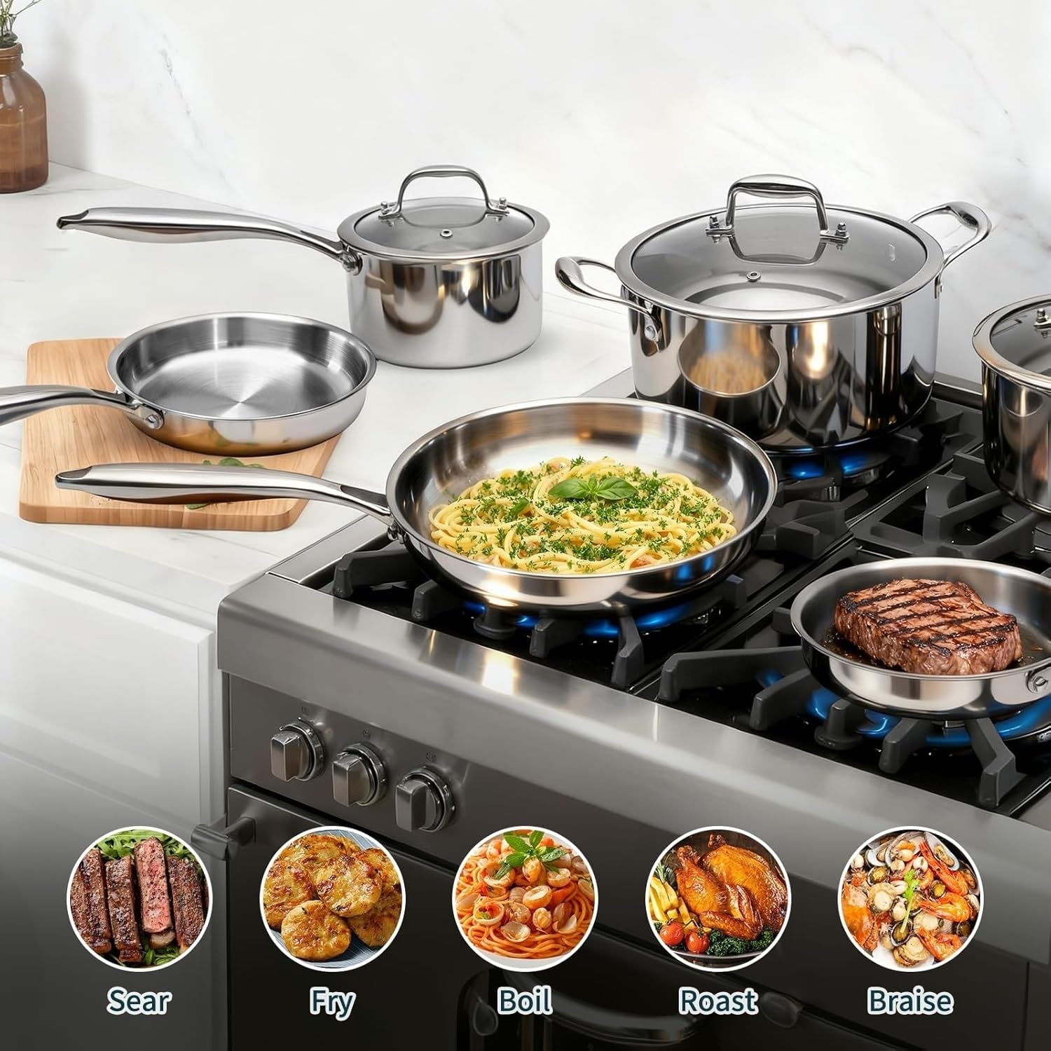 Set di pentole e padelle in acciaio inox, 10 pezzi, pentole e padelle antiaderenti per piano cottura a induzione, casseruola con coperchio, casseruola con coperchio e padella, set di pentole da cucina