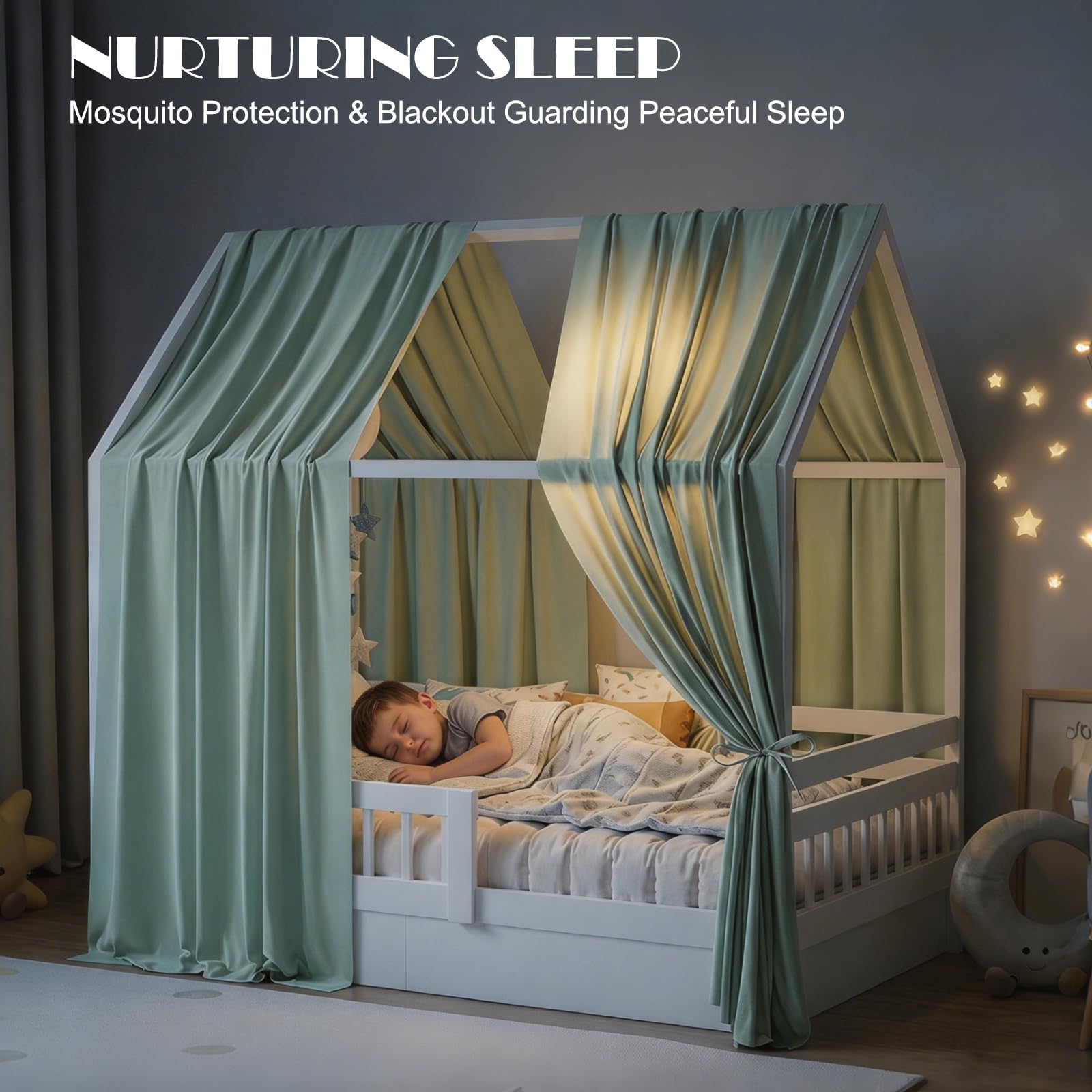 Dosel de cama de casa con dosel, 2 piezas de muselina, dosel suave y transpirable, decoración para habitación infantil, cielo de ensueño para habitación infantil, niñas y niños (verde claro