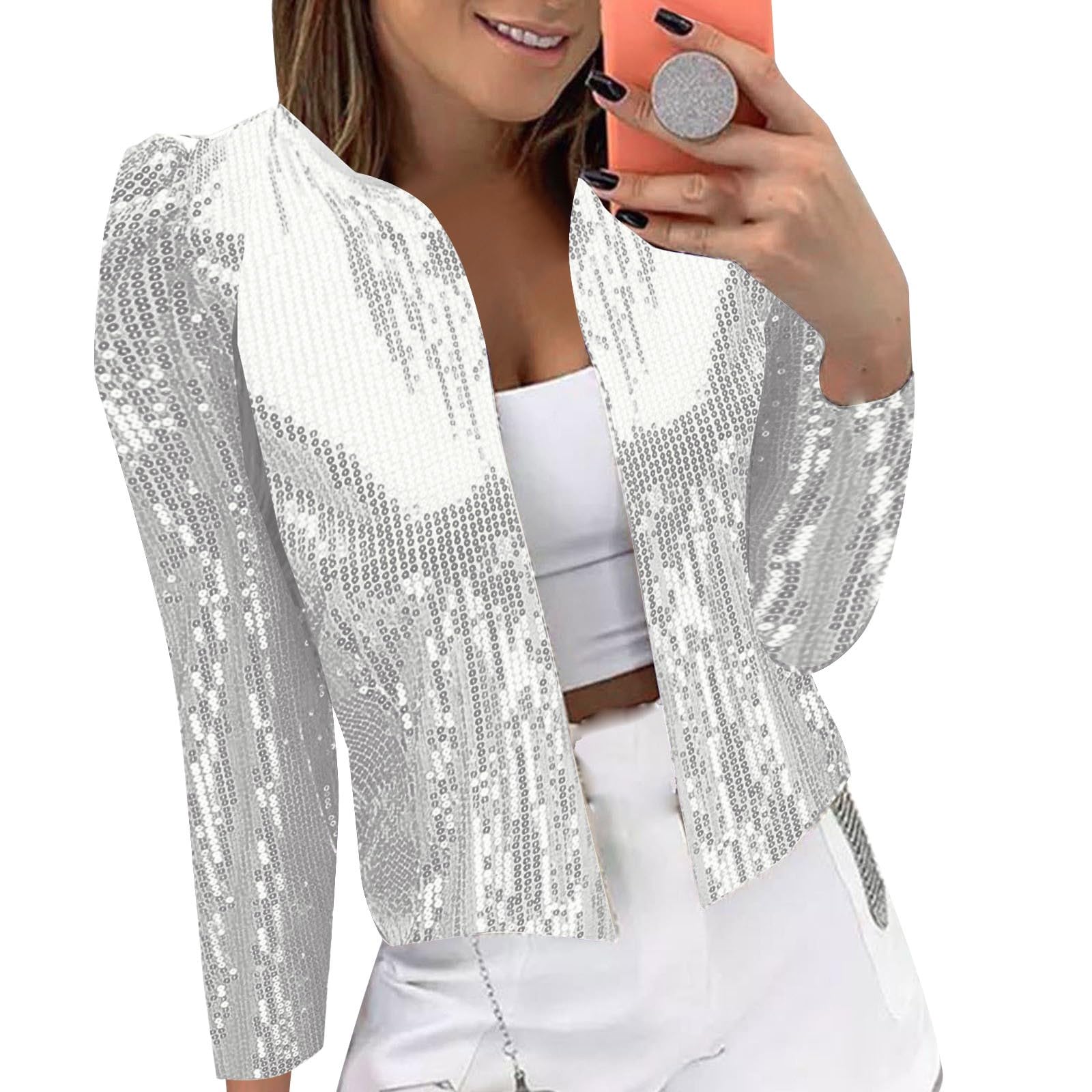 Plus Size Sequin Blazer for Women Sparkly Glitter Open Front Cropped Tops Shiny Bling Lightweight 3 4 Sleeve
