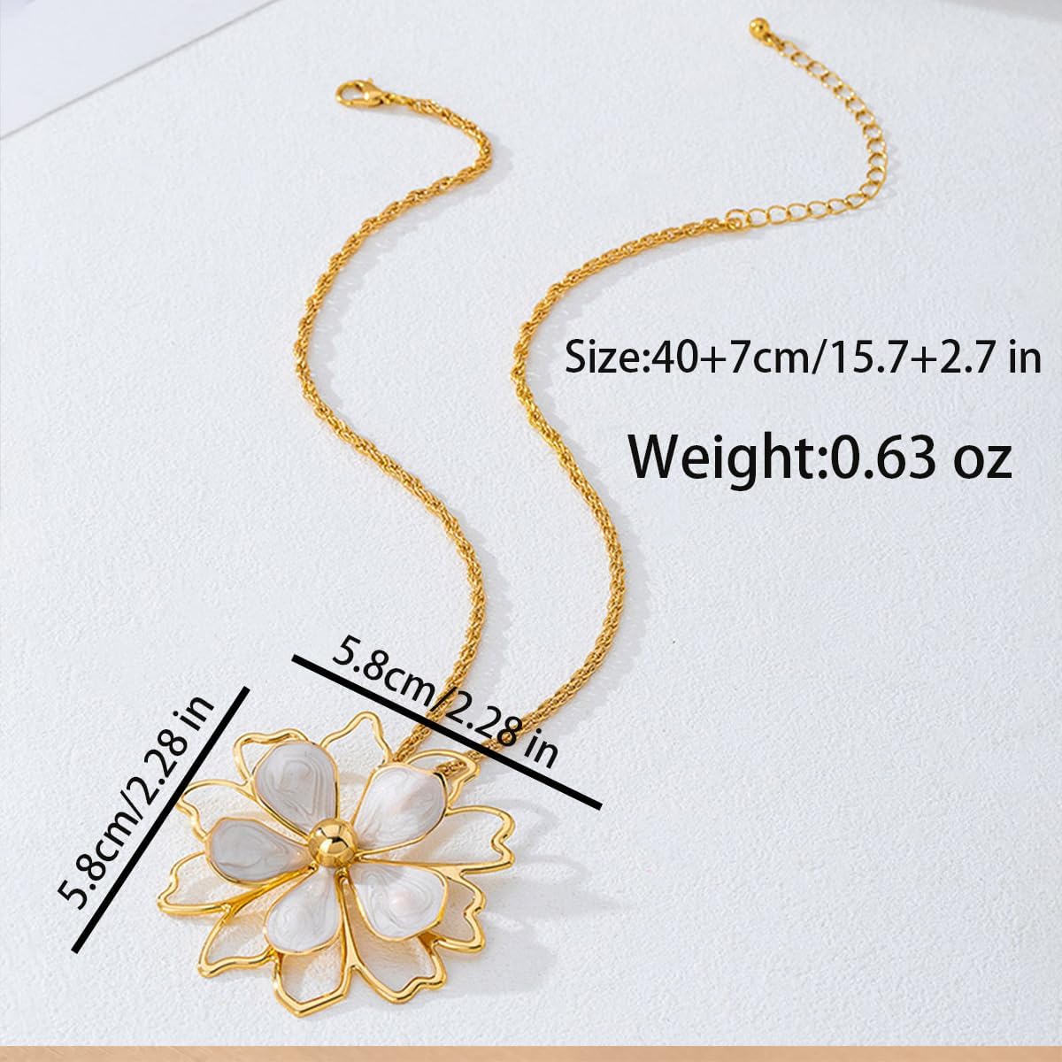 Large Flower Blossom Petal Outline Pendant Necklace For Women Statement Elegant Adjustable Delicate Chain Gold Color White Iridescent - Image 3