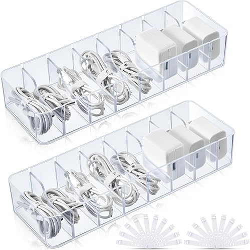 Tatuo Organizador de cables de 2 piezas con 20 bridas de alambre, caja de carga de almacenamiento de cables de plástico, organizador electrónico con