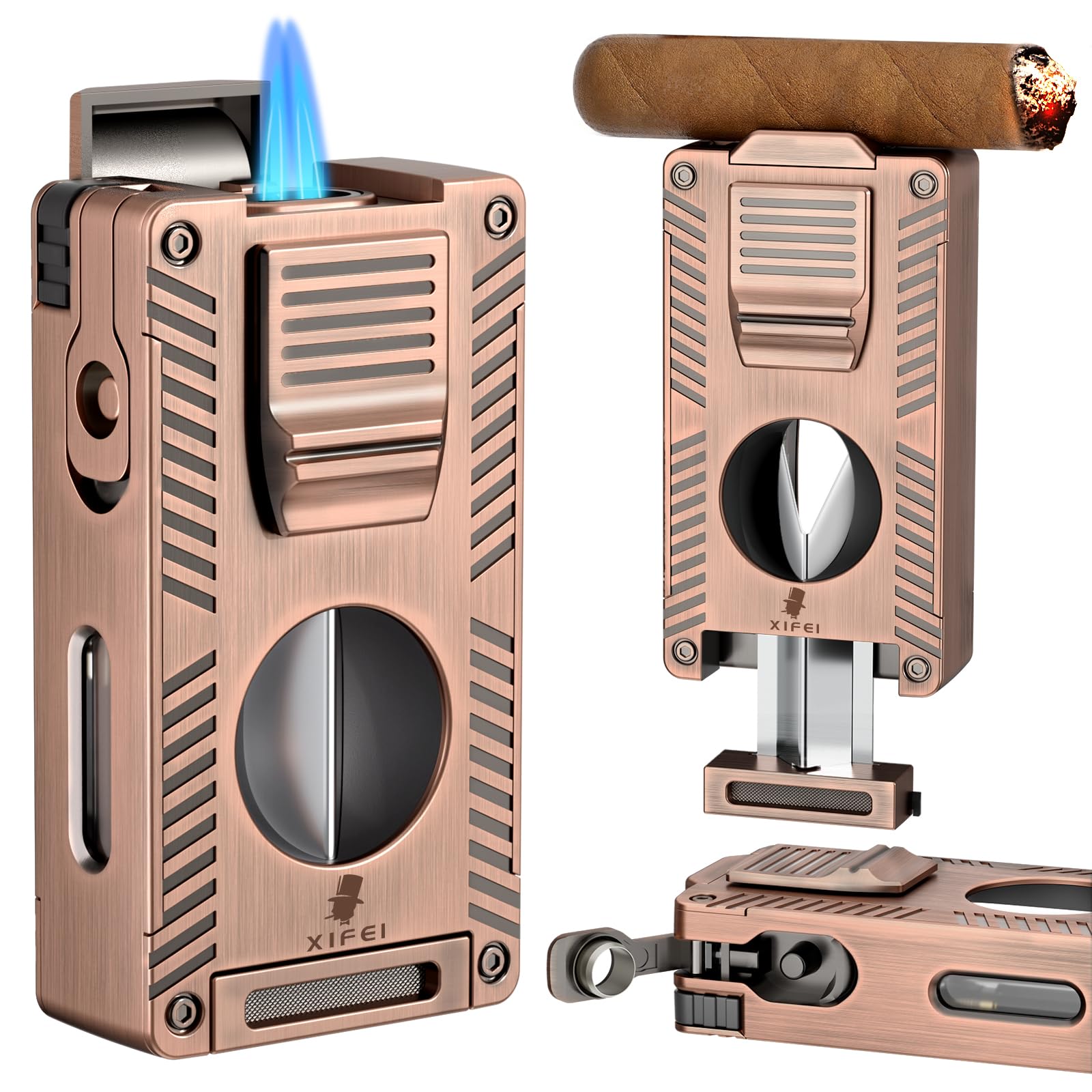 XIFEICigar Torch Lighter, Refillable Butane Lighter with Cigar V Cutter Cigar Punch Cigar Draw Enhancer Cigar Holder, Windproof Double Jet Flame, Multifunctional Lighters with Gift Box, Bronze