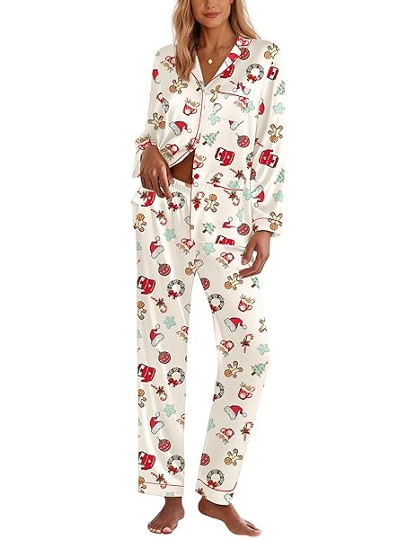 Ekouaer Silk Pajamas for Women Classic Button Down Satin Pajama Sets Long Sleeve Lounge Set