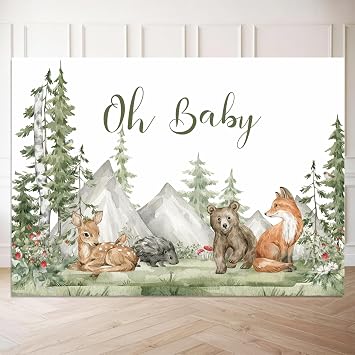 Oh Baby Woodland Adventure Backdrop - 6X4.3Feet Forest Baby Shower Photography Background with Watercolor Mountains & Greenery, Perfect for Outdoor Baby Shower Decorations & Wilderness Theme Parties