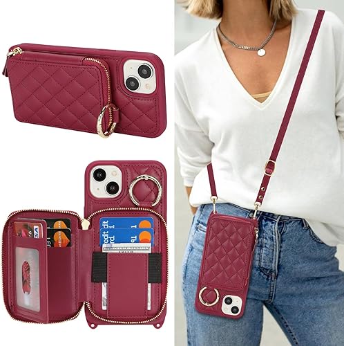Miniatura 22 de Funda tipo cartera con bandolera para iPhone 15 Pro Max, funda de piel sintética con cierre de cremallera, funda tipo atril con ranuras para Oro