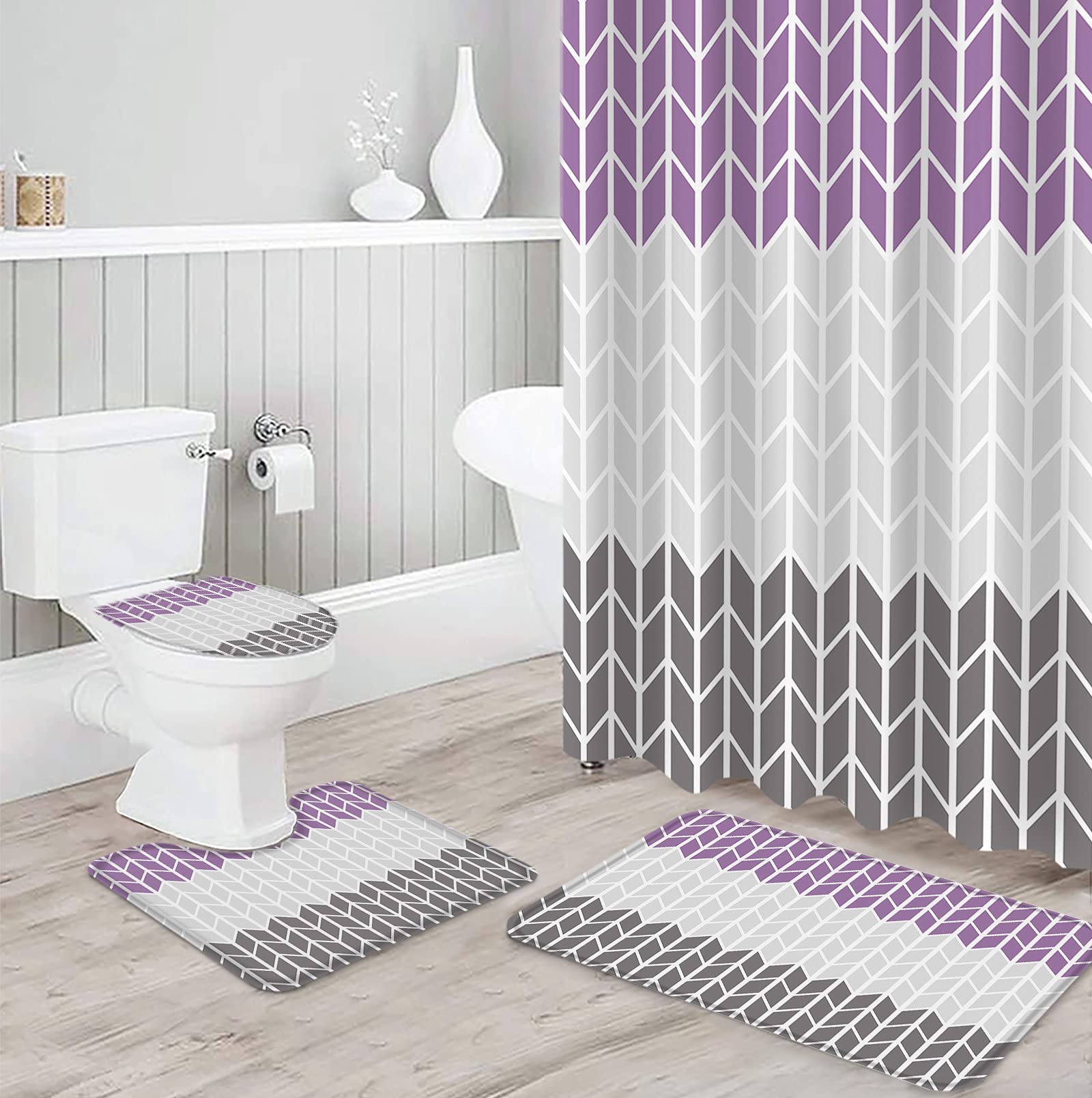 NTETSN Purple Rose Shower Curtain Set - 4 Pc With Rugs, Mat & Lid Cover, 72x72 Inches - View #5