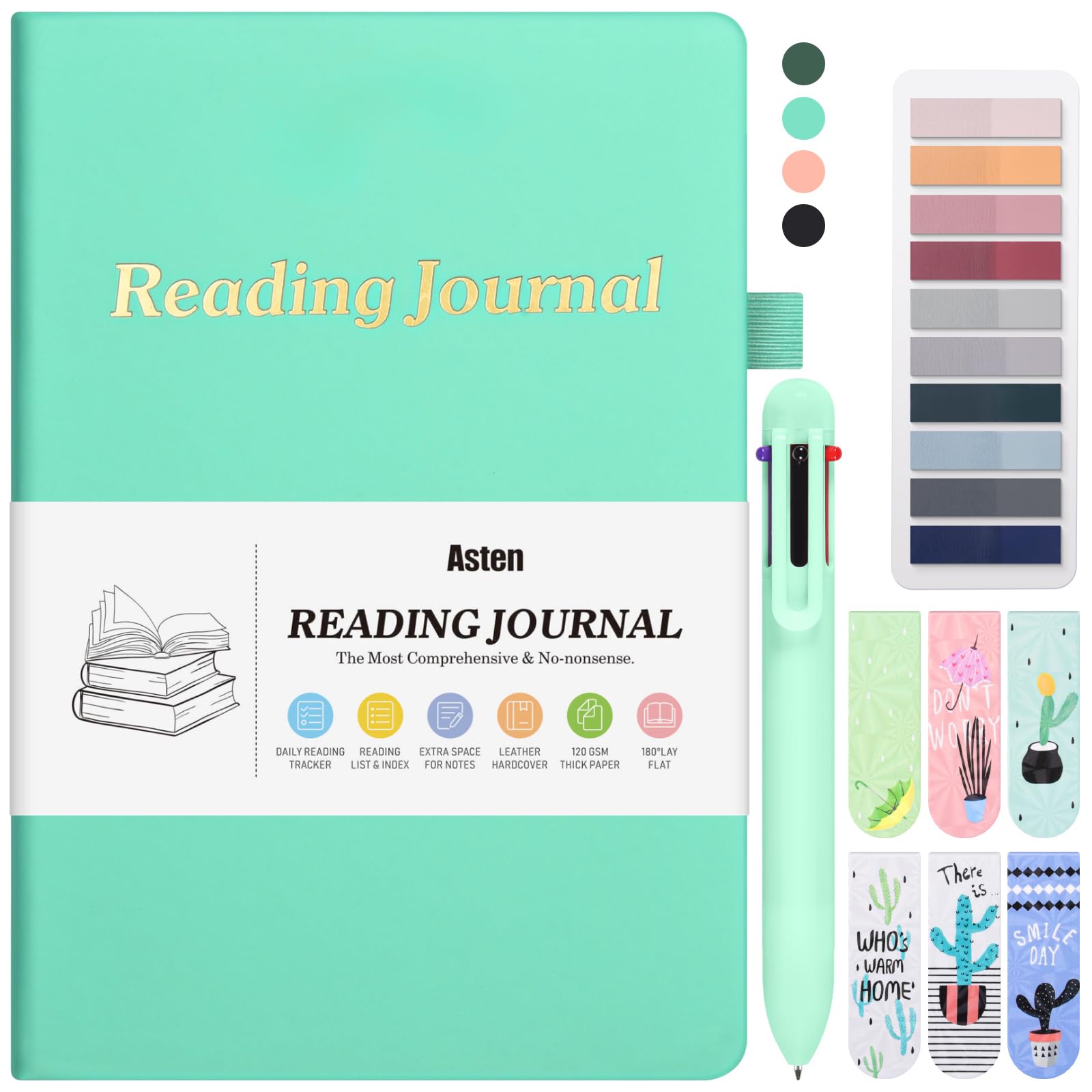 Reading Journal with Bookmarks, Book Tabs, Multicolor Pen, Book Journal for Book Lovers, Book Tracker Journal for Reader, Reading Log with Accessories, Book Review Journal, Gift for Reader, Mint Green