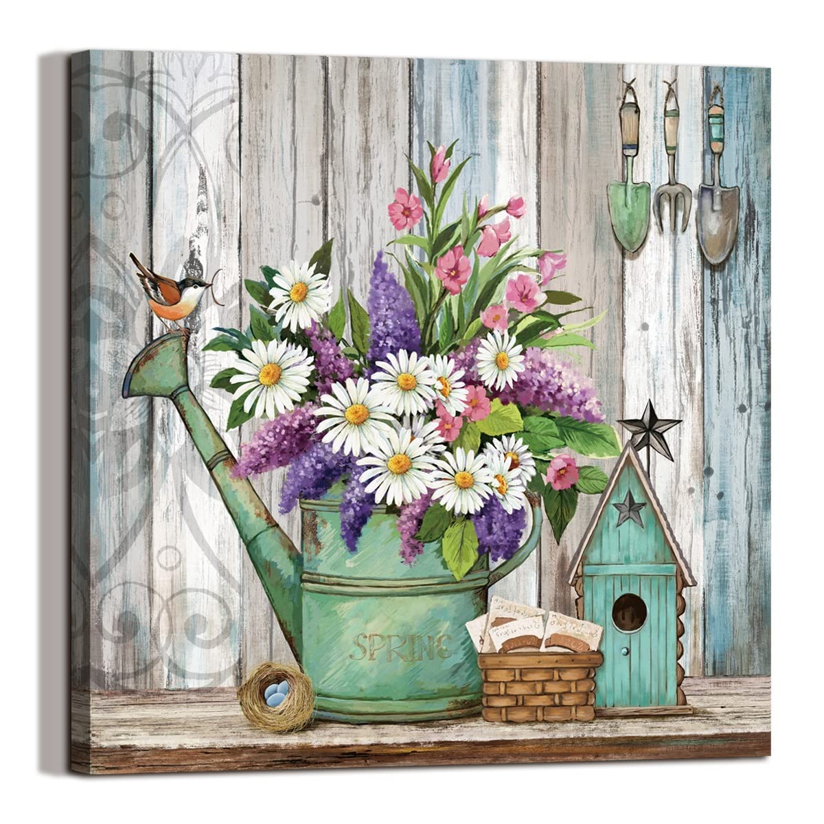 LAIART Farmhouse Decor Canvas Wall Art Lavender White Flowers Picture Vintage Wood Grain Modern Home Artwork