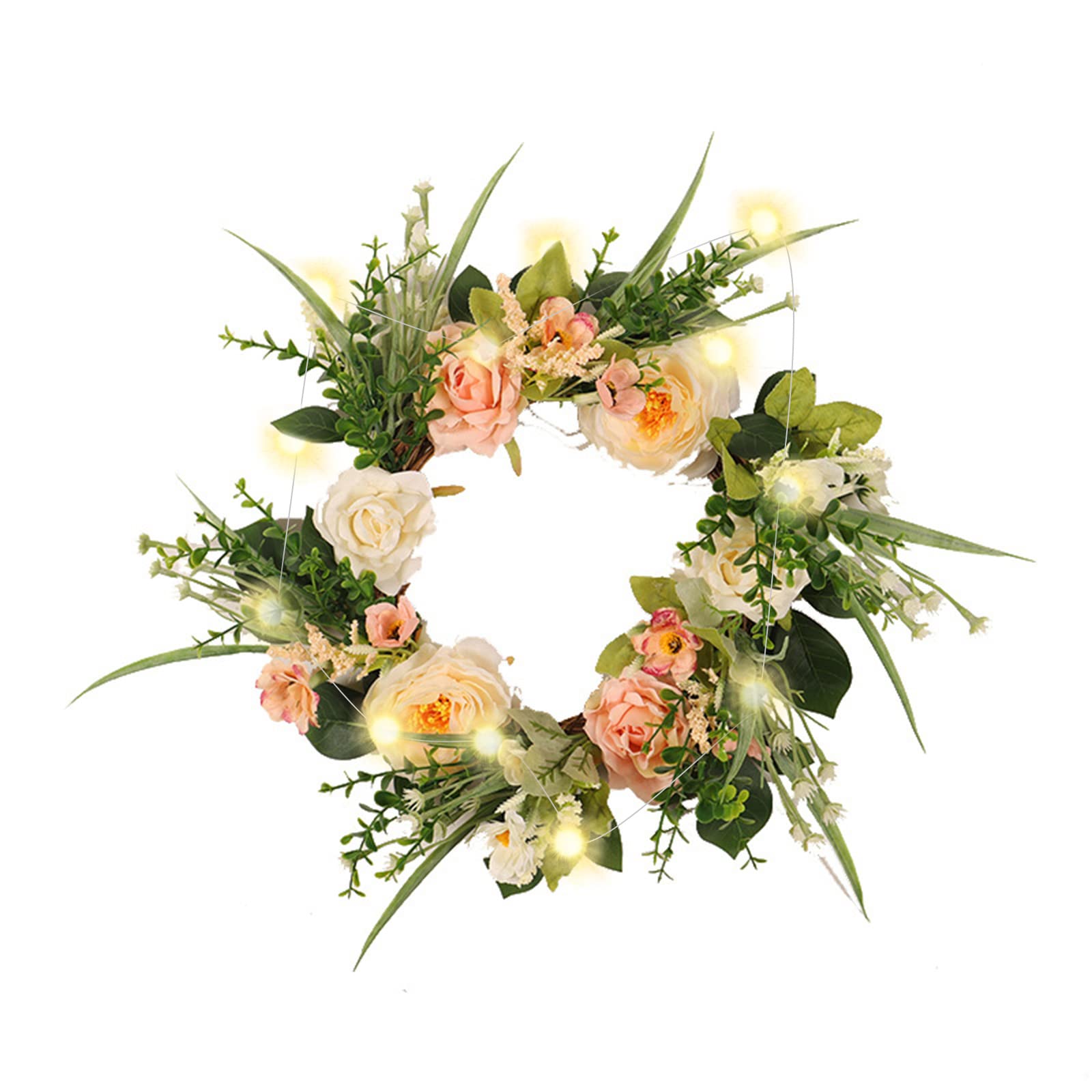 Buxuaaaa With Lights Artificial Rose Flower Wreath 15.7" / 40Cm Door Wreath With Green Leaves Christmas Festival Garland For Front Door Wedding Simulation Rose Wall Hanging Decor