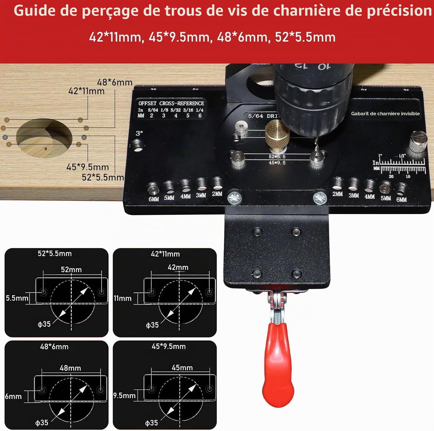 Gabarit de Charnière Invisible en Métal 35 mm, Gabarit de Perçage pour Charnière de Porte avec Serrage Rapide et Adaptateur d’Aspiration, Gabarit de Perçage pour Charnière d’Armoire