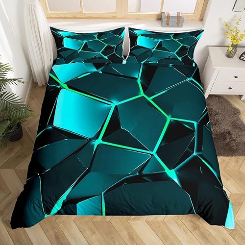 Miniatura 42 de Funda de edredón hexagonal verde estereoscópica de nido de abeja para niños, diseño geométrico de colmena, funda de edredón geométrica de panal