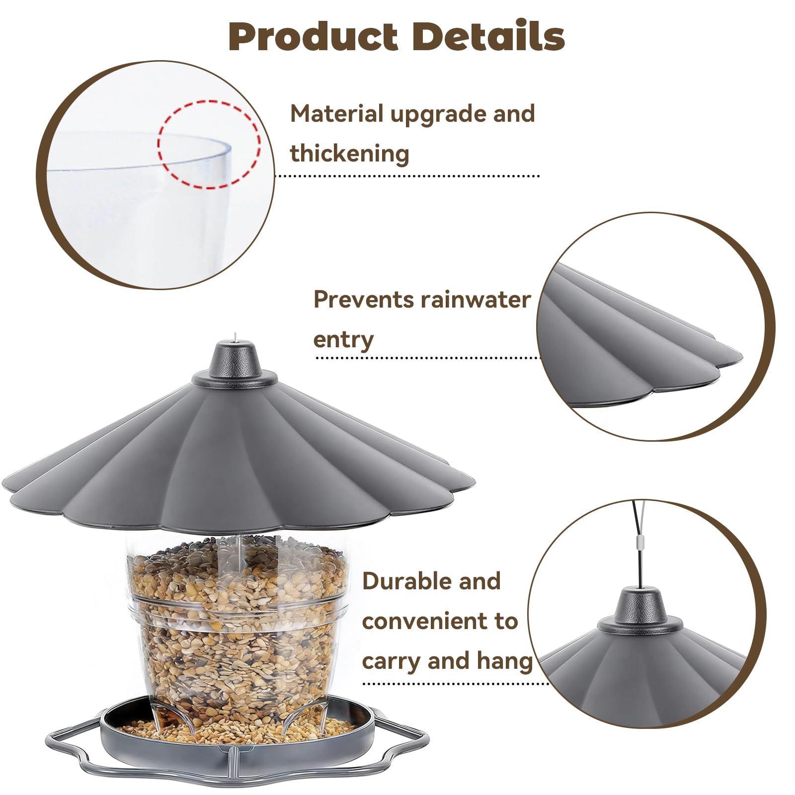 FuYelng Colgante Comedero Pajaros Exterior, 1000 ml Gran Capacidad Comederos para Pajaros Impermeable Plegable, para Jardín Balcón Antepecho de Ventana Ideal para Regalar (Gris) - 3