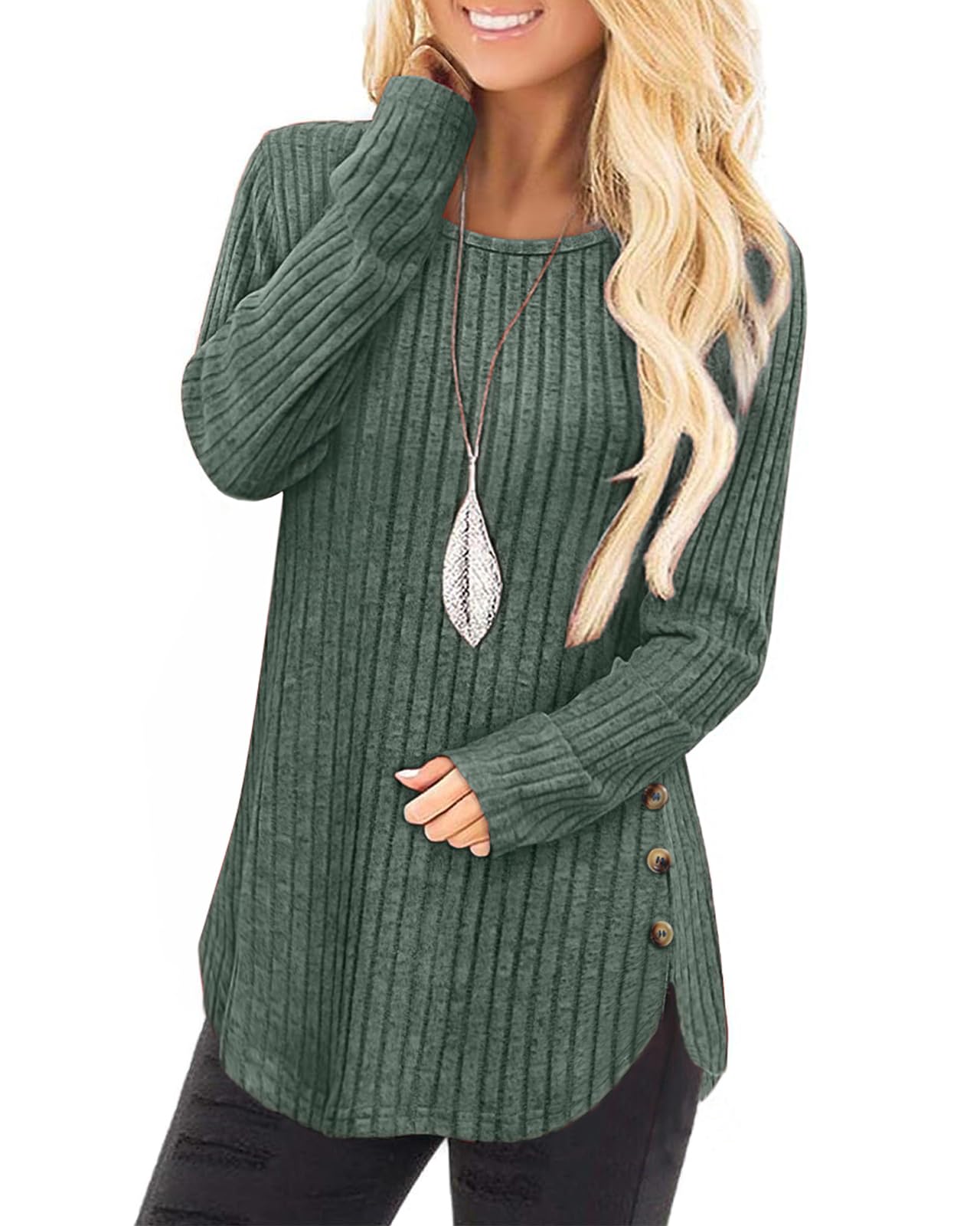 Tanmolo Damen Pullover Herbst elegant Oberteile Langarm Strickpullover mit Knopfdetail und Kabelstruktur Leichter Arc-Saum Rundhals Pulli