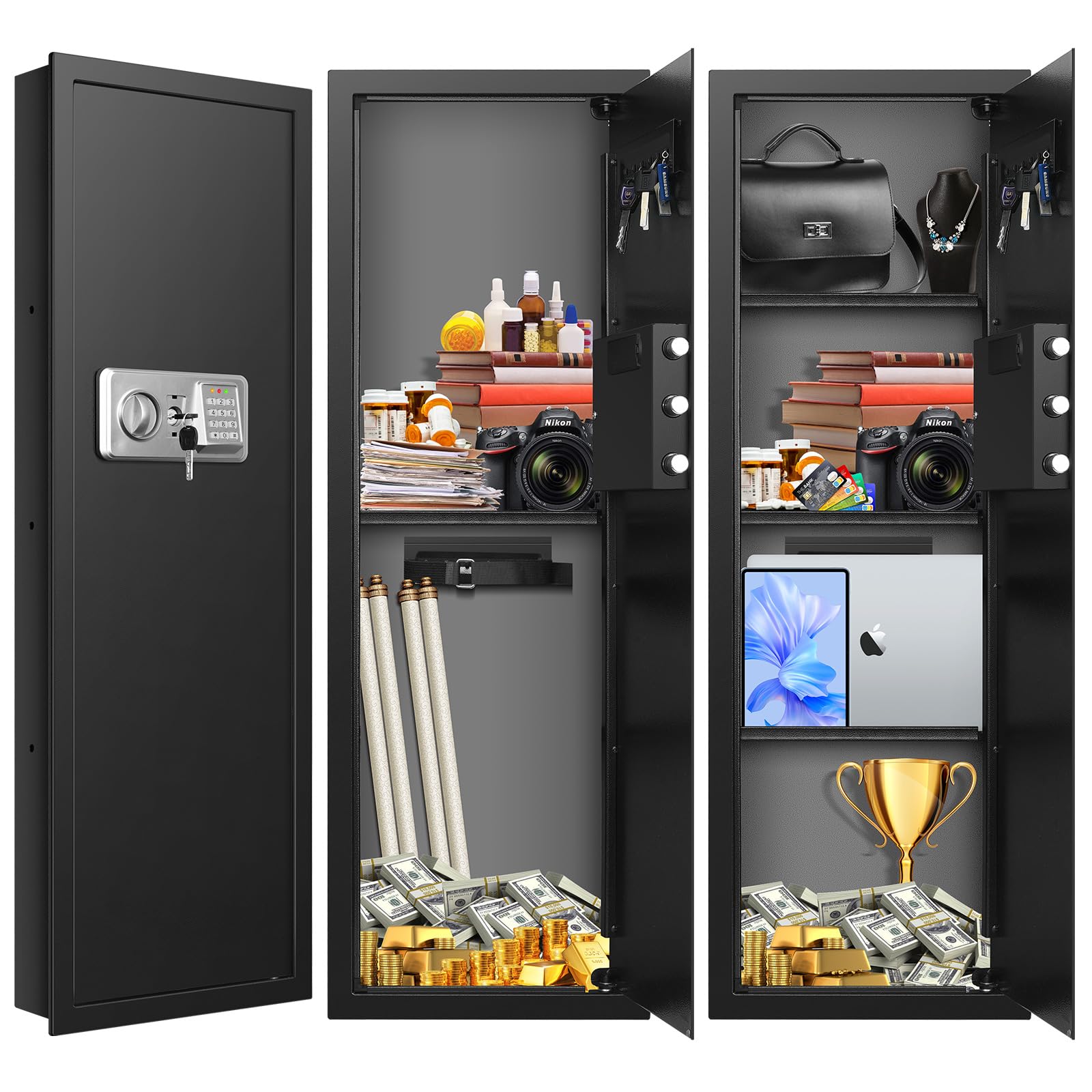 43.3" Tall Fireproof Wall Safes Between the Studs 16" Centers, Hidden Flush Wall Safe with 3 Removable Shelf, 46LB Heavy Duty Home Safe for Money, Jewelry, Passport