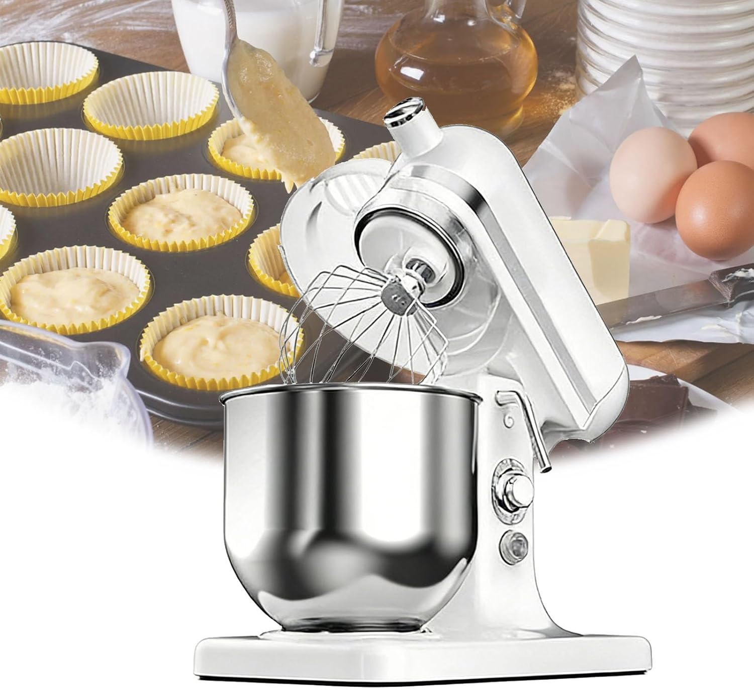 800W Electric Stand Mixer, 6+P Adjustable Speed Electric Household Mixers, with Stainless Steel Bowl, for Bread, Cake, Egg Whisk, Meat Grinder & Flour Blender.(White)
