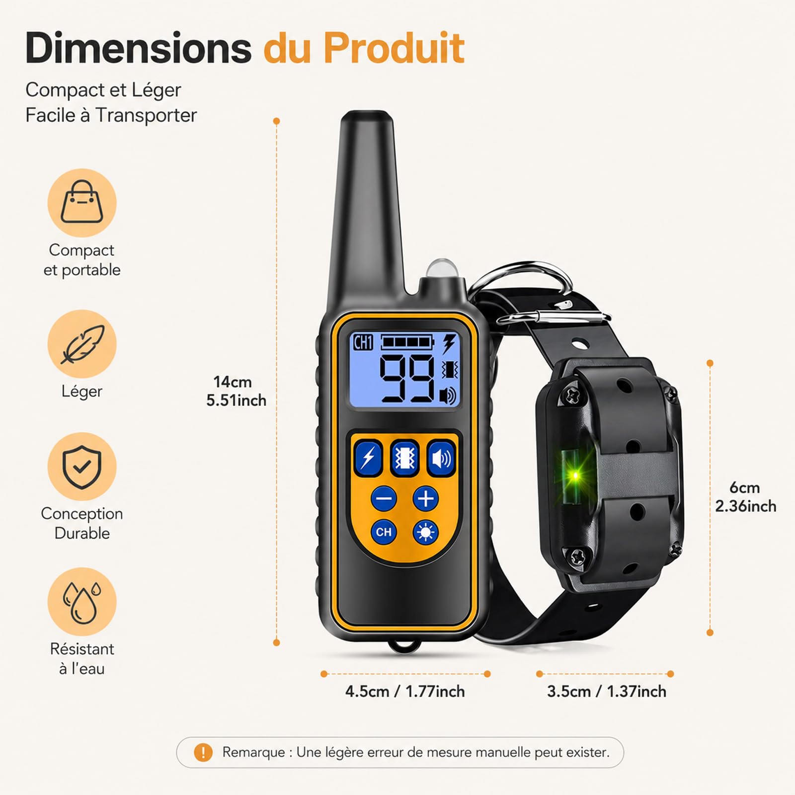 Collier de Dressage pour Chien - 4 Modes d'entraînement - Niveaux réglables 99 - Portée de 800 m - IPX67 Résistant à L’Eau - Convient à Toutes Les Races de Chiens