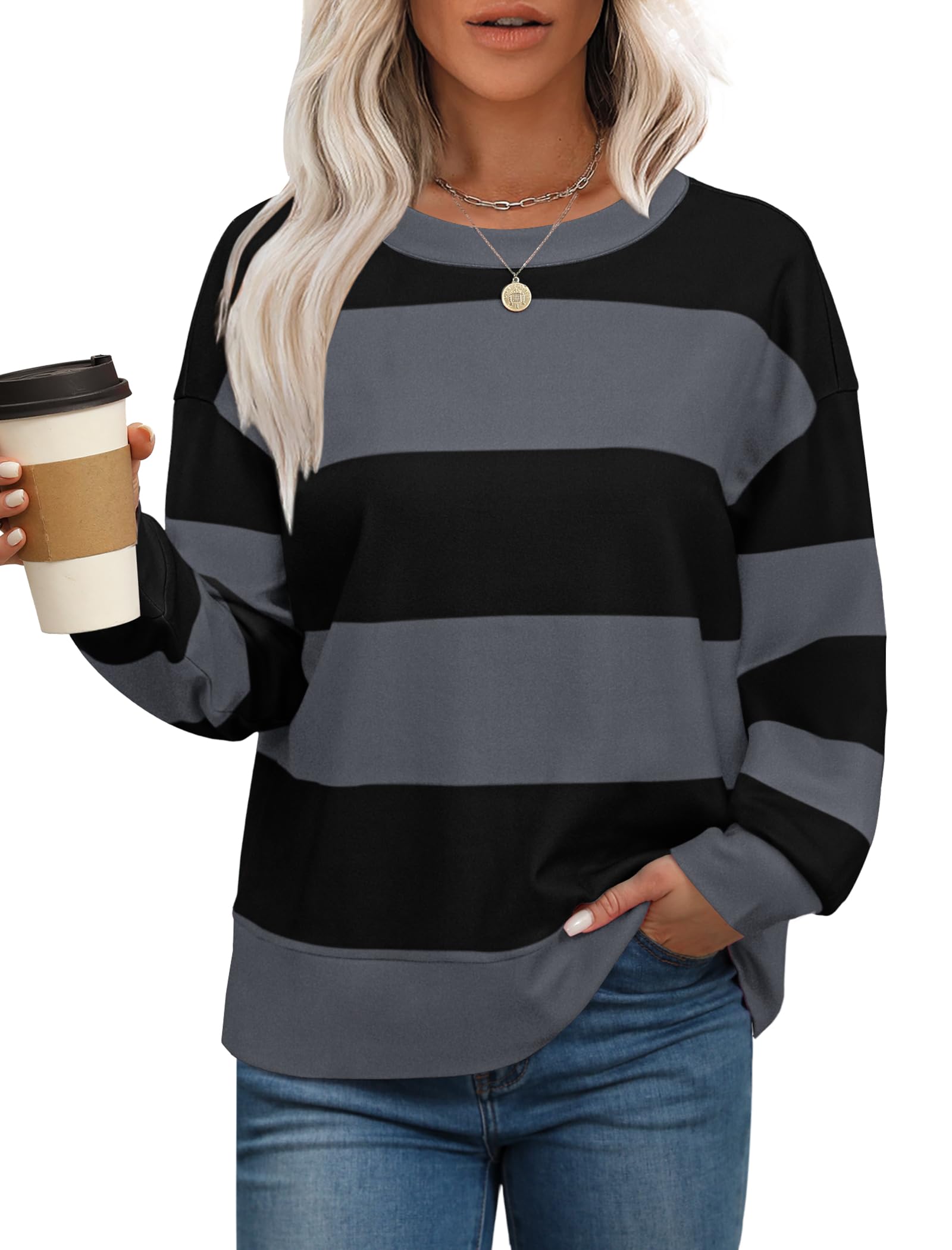 AokosorWomens Oversized Sweatshirts Striped Color Block Long Sleeve Shirts Pullover Tops