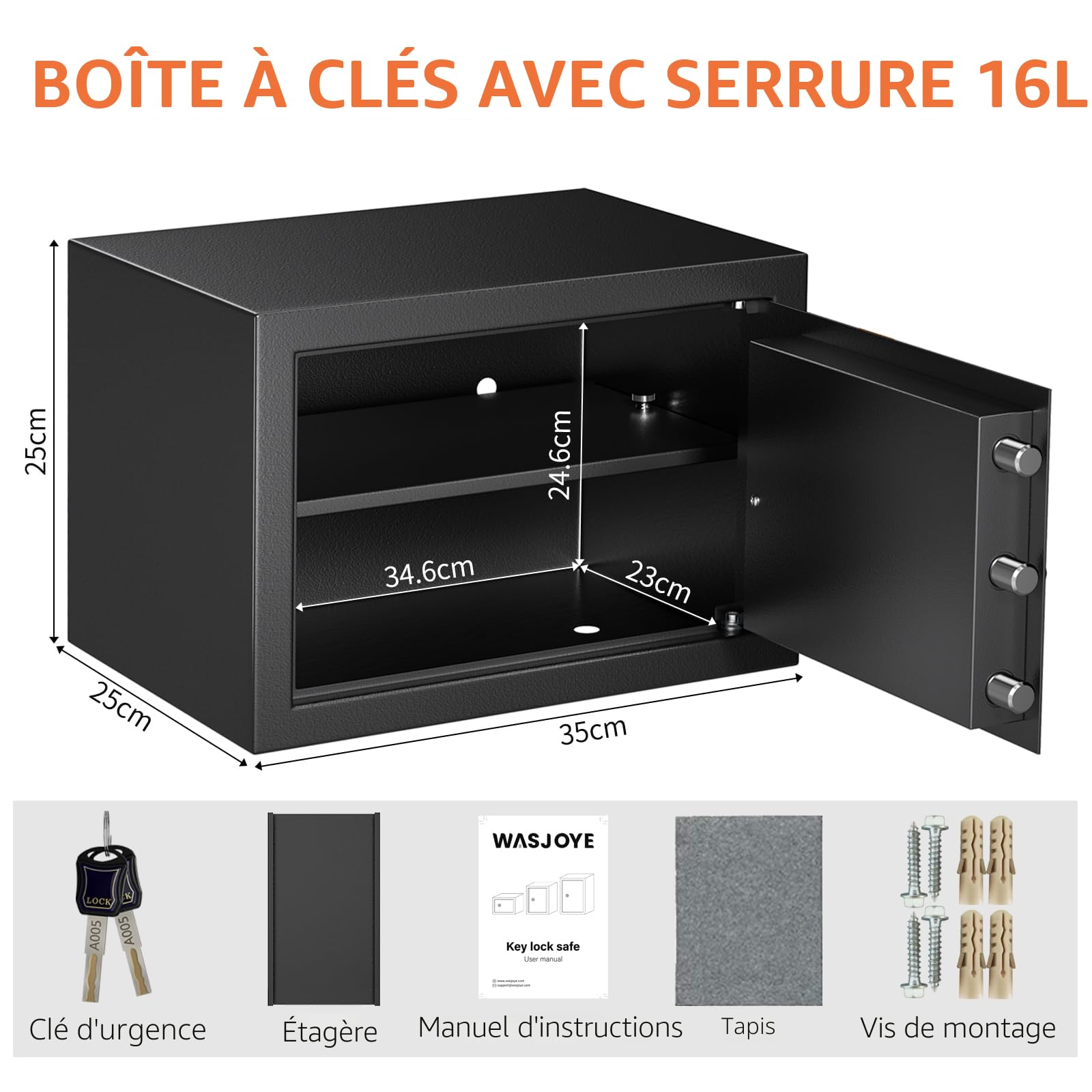 Coffre-Fort avec 2 Clés, WASJOYE Boîte de Serrure à Clé, 19L Boîte de Sécurité à Domicile/Bureaux, Coffre-Fort en Acier pour Ranger l'Argent, Bijoux, Médicaments, Téléphones, Passeports, 25*35*25cm