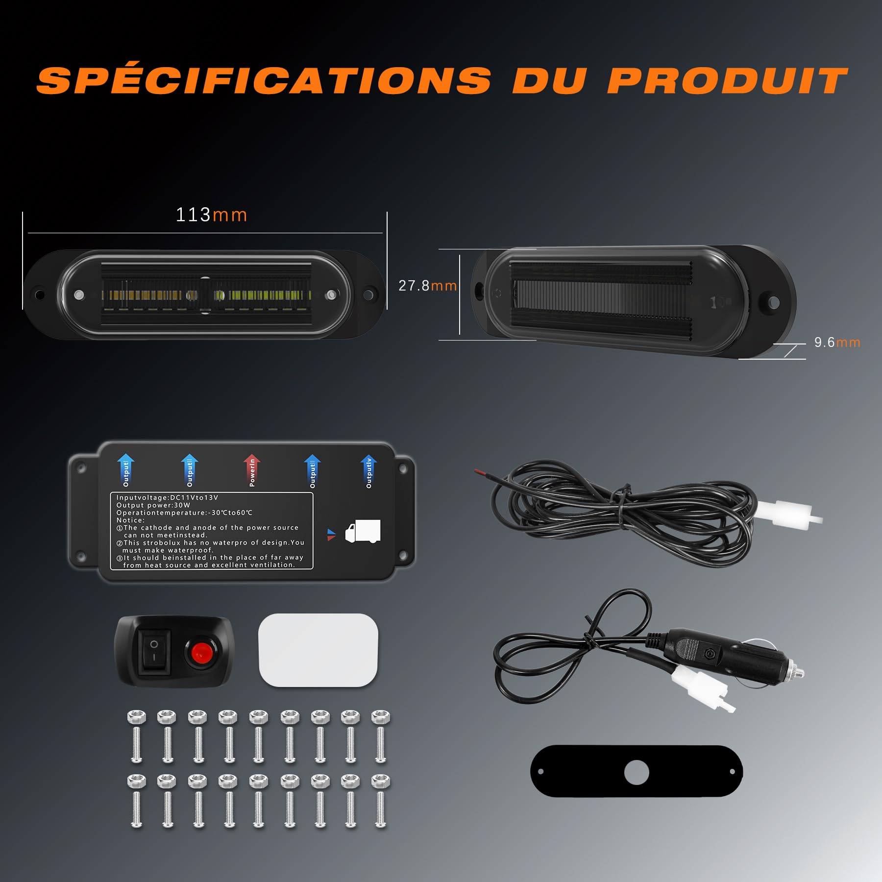 Feux de signalisation avant à LED, lot de 8, 12 V/24 V, clignotants stroboscopiques, étanches IP67, pour camions, quads, SUV, camping-cars et fourgonnettes.