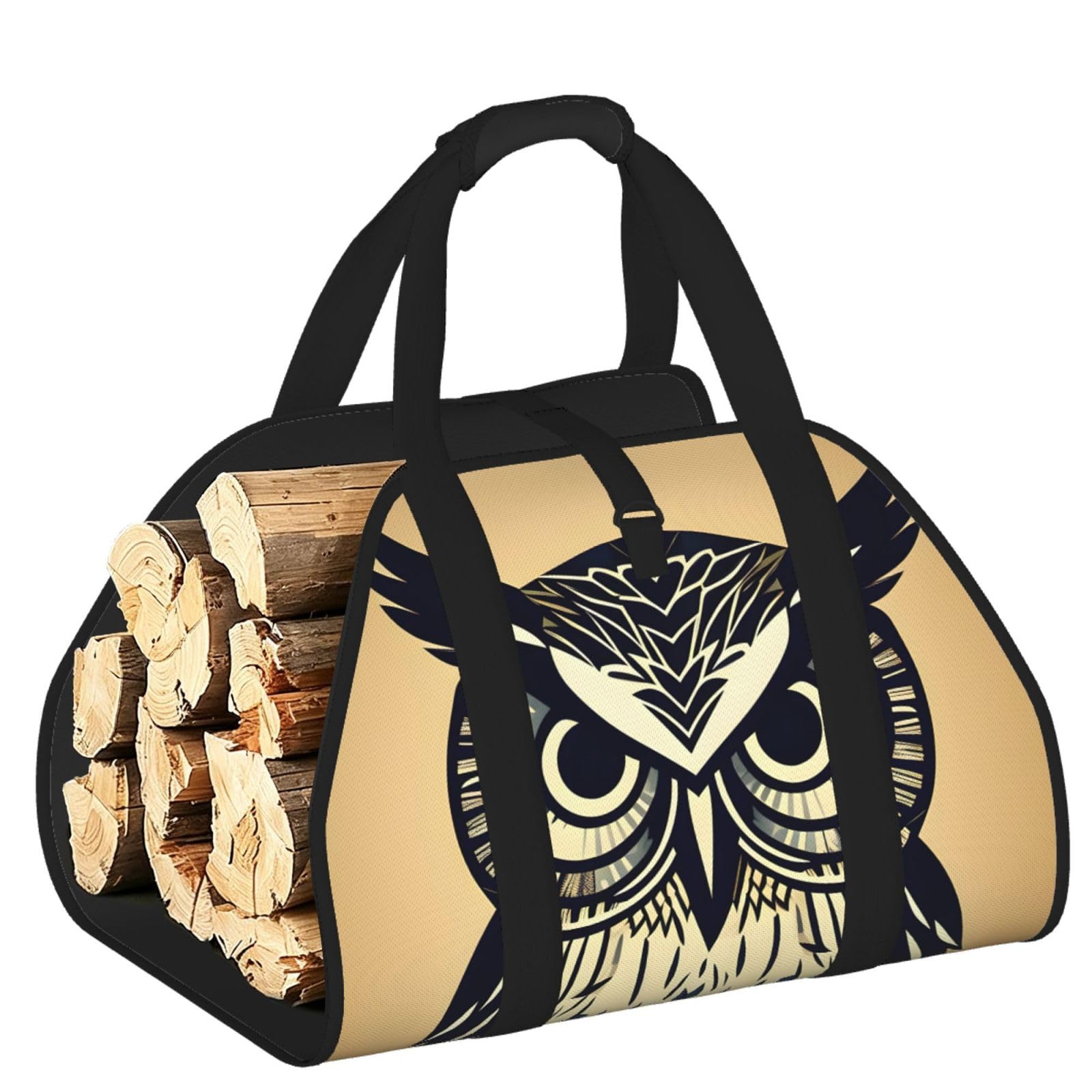 Cute Owl Printed Firewood Carrier Bag, Log Tote with Open-Ended Design for Camping Outdoor Wood Hauling