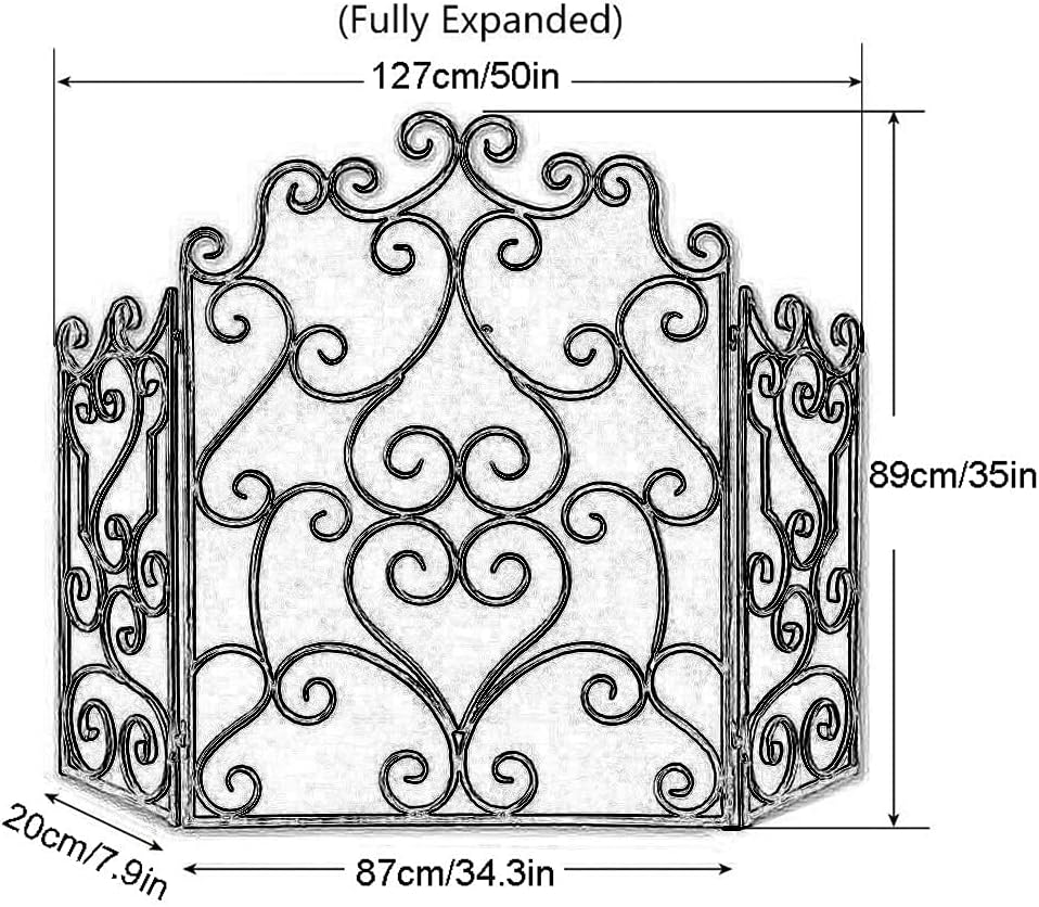 Fireplace Screen Guard, FireplaceProtection 3 Panel Fire Screen Foldable Decorative， Vintage Iron Baby Safeguard Cover for Fire Place/Wood Burner， 50×35inch (Color : Black)