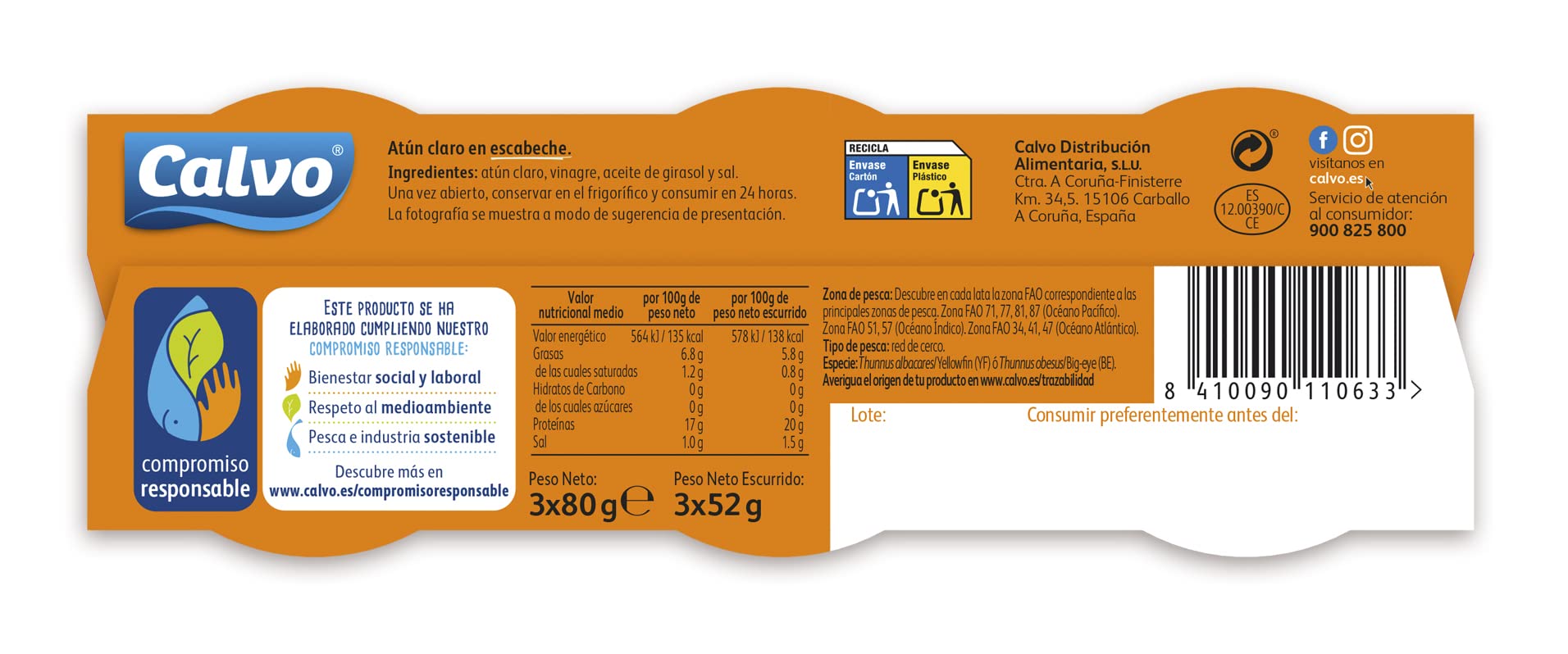 Calvo Atún Claro Escabeche Pack 3 x 80 g