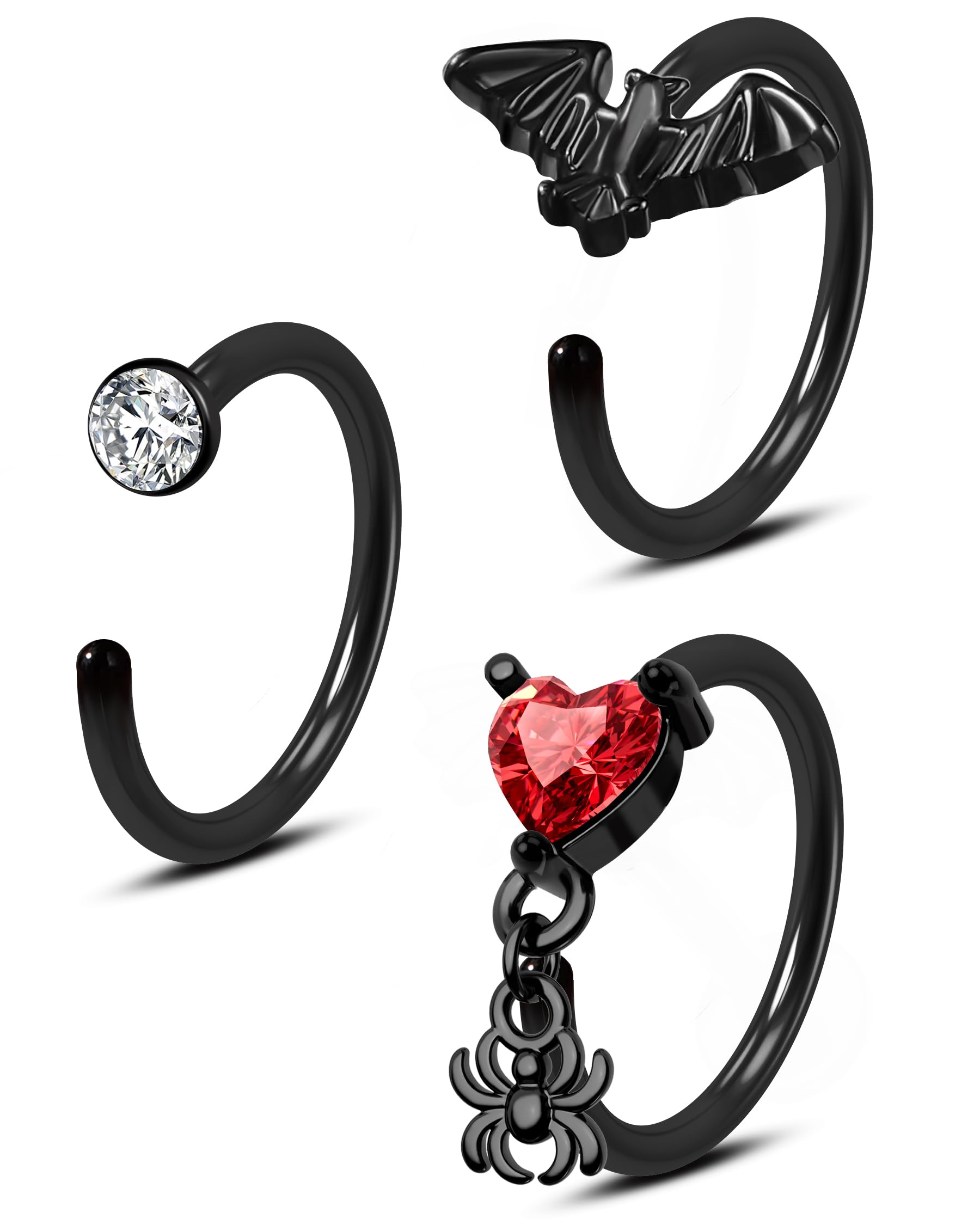 COCHARM Black Halloween Nose Rings 20g Bat Nose Hoop Nose Ring Detailed Dangle Spider Nose Hoop 8mm Hoop Nose Piercing 20 Gauge Nose Jewelry
