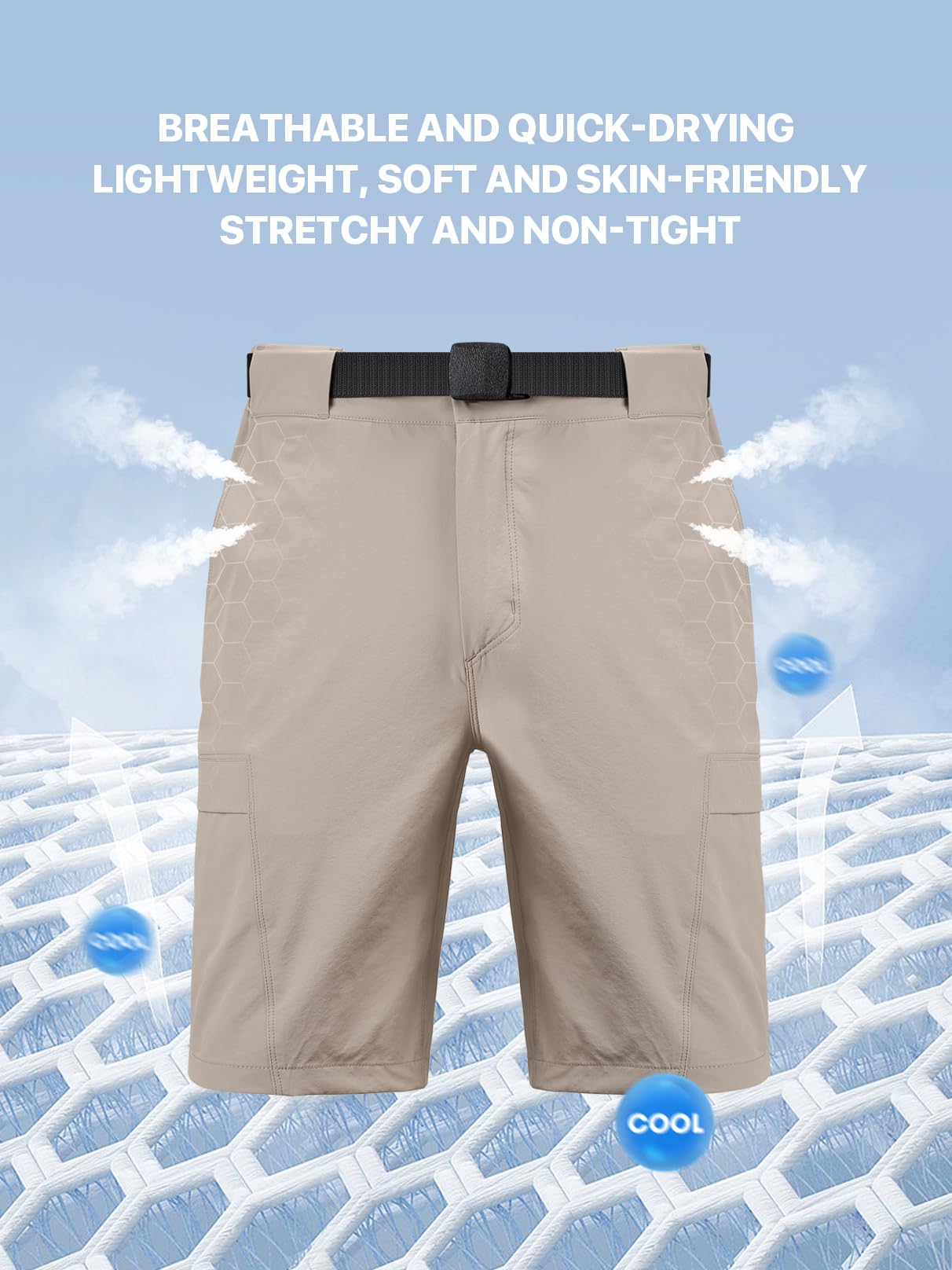 Aicall Men's Hiking Cargo Shorts Quick Dry Lightweight Casual Stretch Golf Work Shorts with 6 Pocket & Belt for Summer Outdoor Khaki