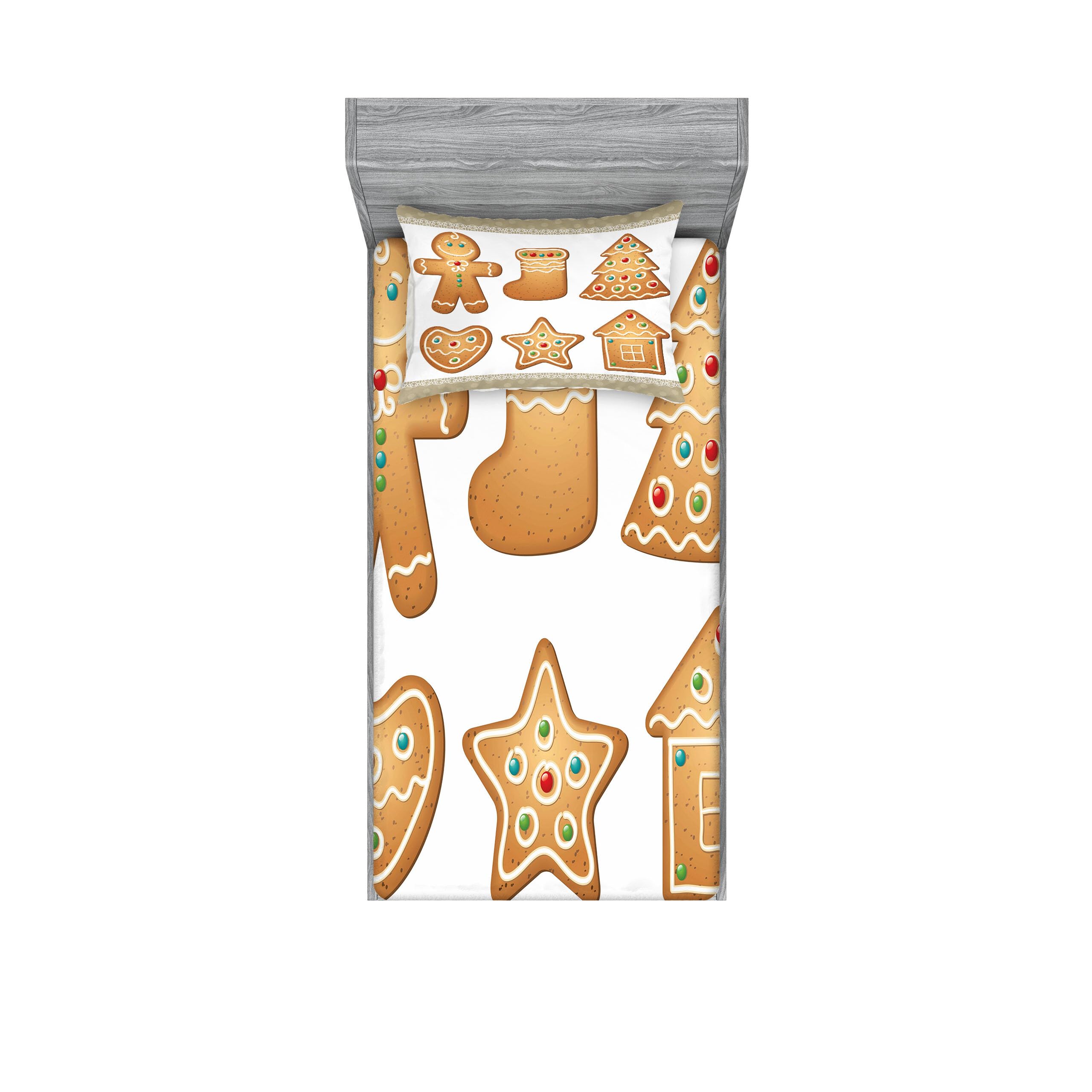 Ambesonne Gingerbread Man Fitted Sheet & Pillow Sham Set, Pastry Design Graphic Cookies in Different Shapes Tasty Goodies, Decorative Printed 2 Piece Bedding Decor Set, Twinxl, Amber Tan
