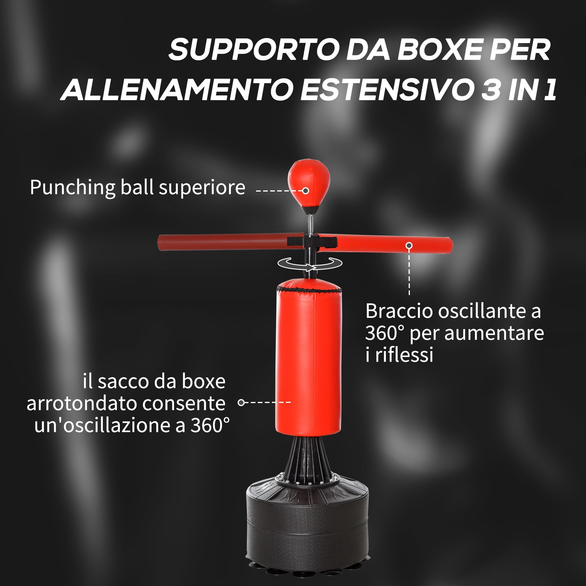 HOMCOM Sacco da Boxe ad Altezza Regolabile con Punching Ball, Base Riempibile e Asta Rotante, Sacco da Terra in PU, EPE e HDPE, 88x48x155-205 cm, Rosso e Nero