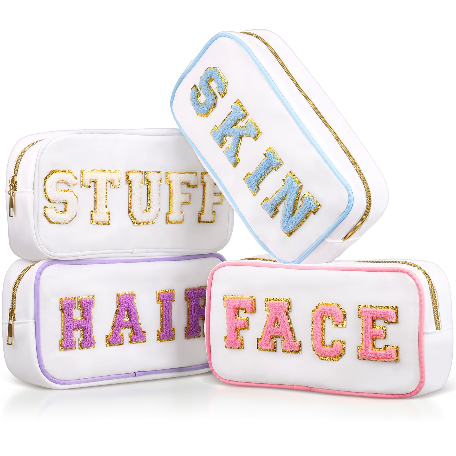 Cunno 4 Pcs Preppy Makeup Bags Chenille Letter Stuff Bag Nylon Cosmetic Pouch Cases with Zipper for Women Travel Toiletry