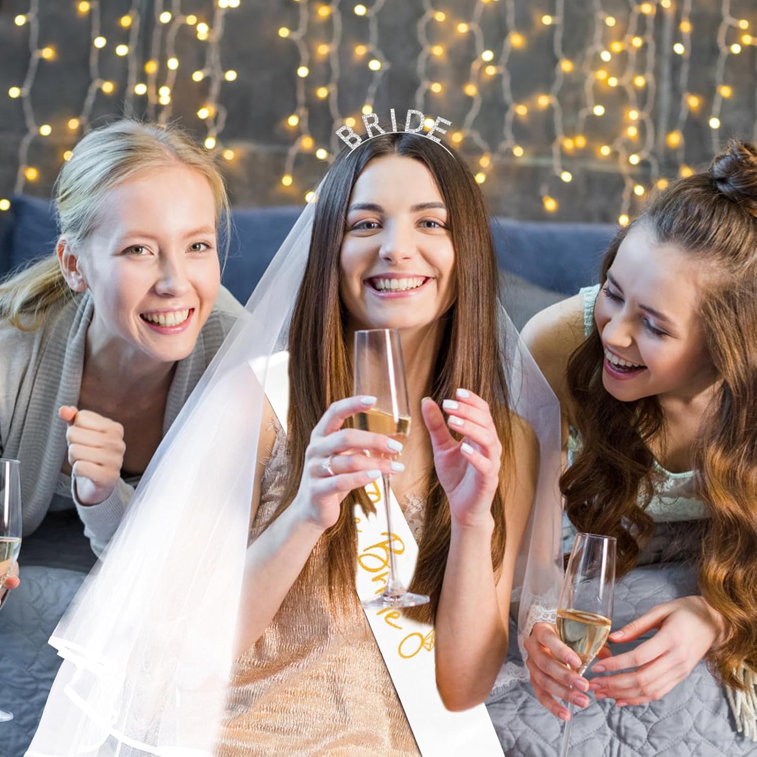 Silver Bride Tiara with White Veil & Gold Letter Satin Sash for Wedding, Bachelorette Party, Engagement Event - Image 7