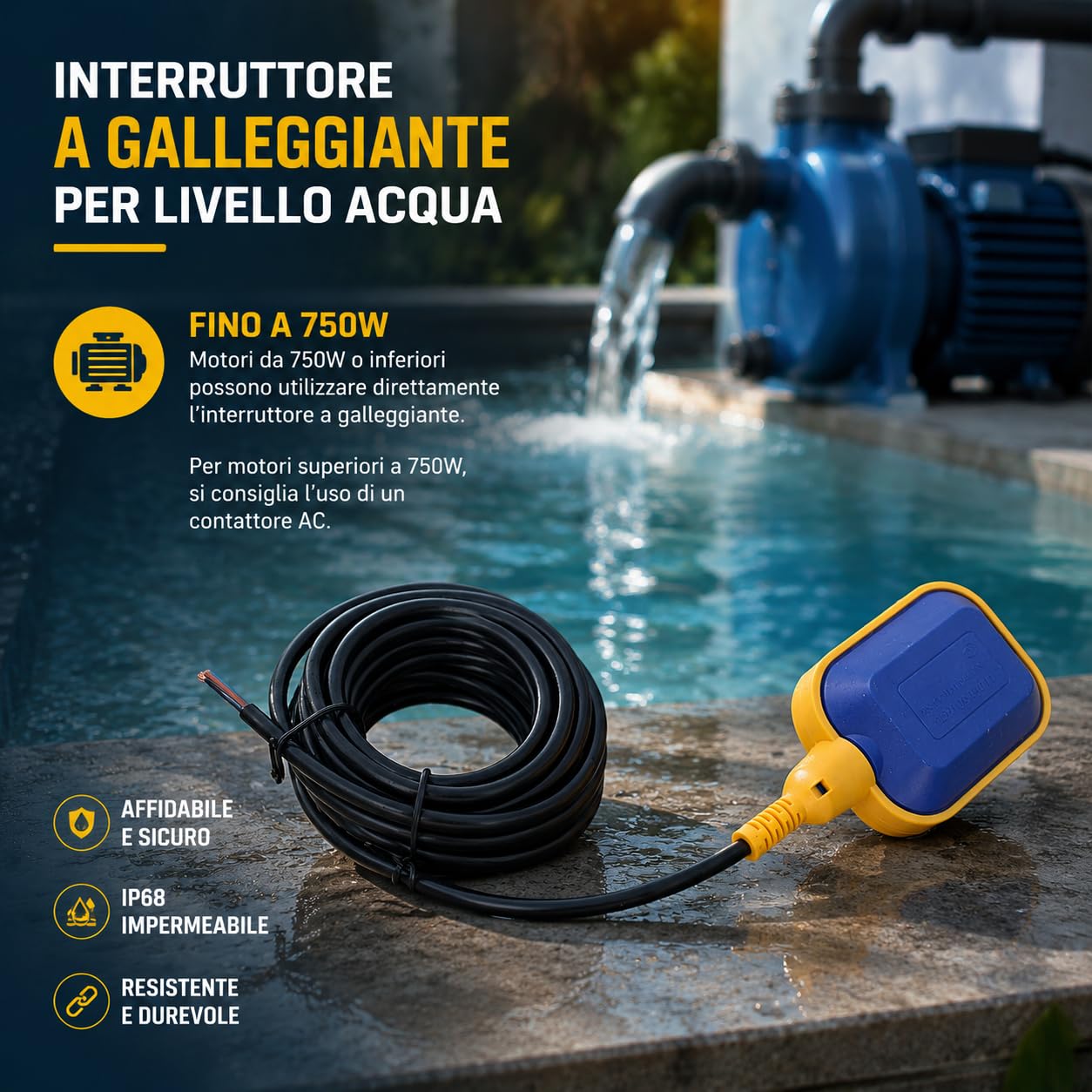 Ausla Interruttore a galleggiante con cavo da 5 metri, 220V 15(8) A, Controllo automatico pompe sommerse, Sensore livello acqua per serbatoi e piscine