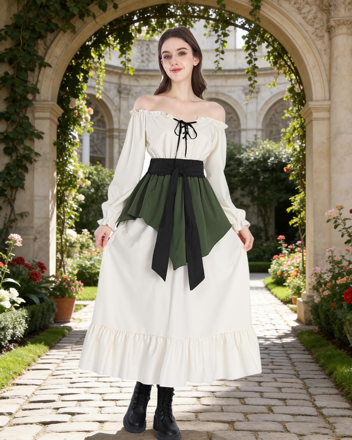 Nuoqi Renaissance Dress Women Off Shoulder Medieval Costume Peasant Dress with Waist Sash