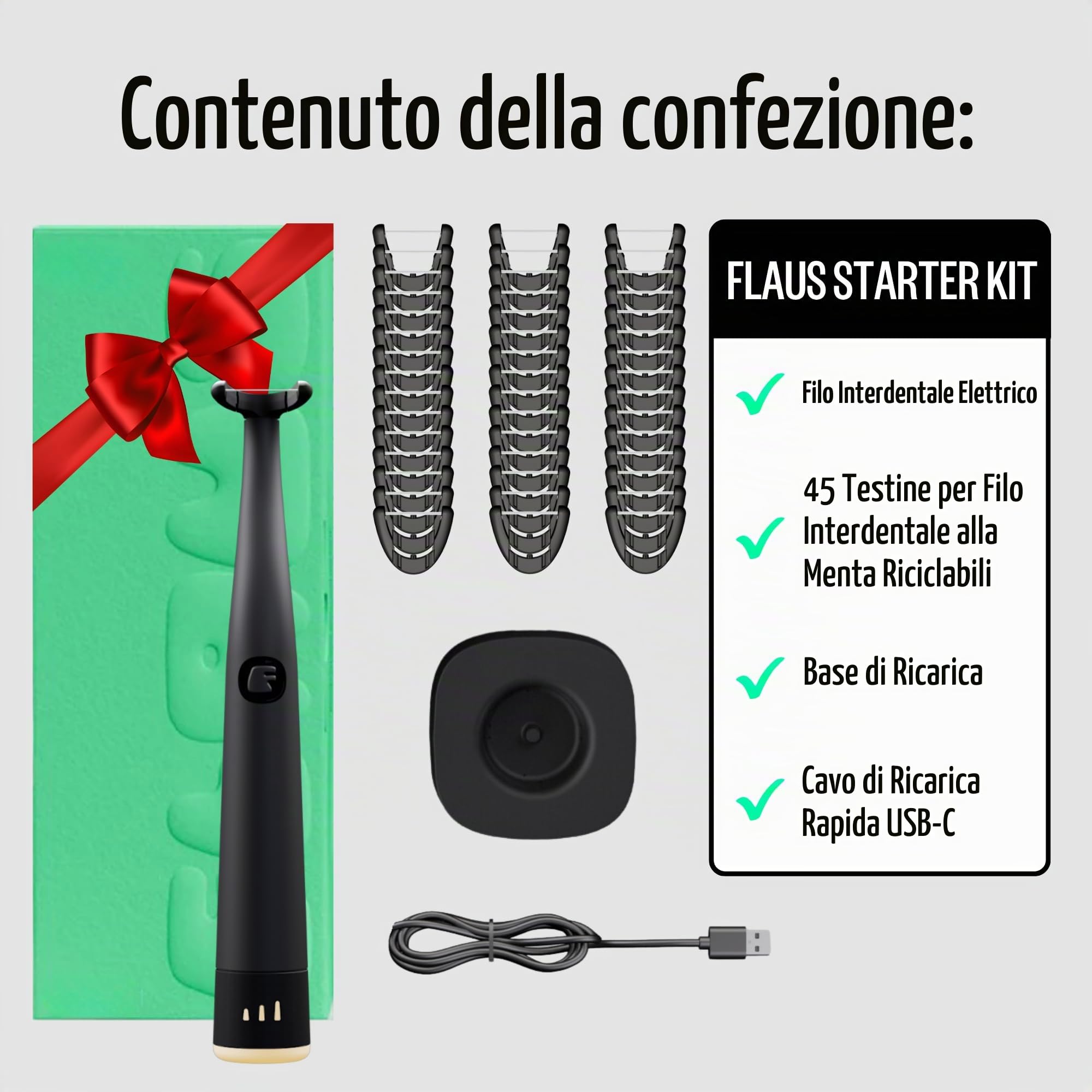 FLAUS Filo interdentale elettrico (Shark Tank) a 3 velocità + 45 testine di ricarica con filo interdentale delicato per la cura delle gengive sensibili, alternativa al filo interdentale consigliato