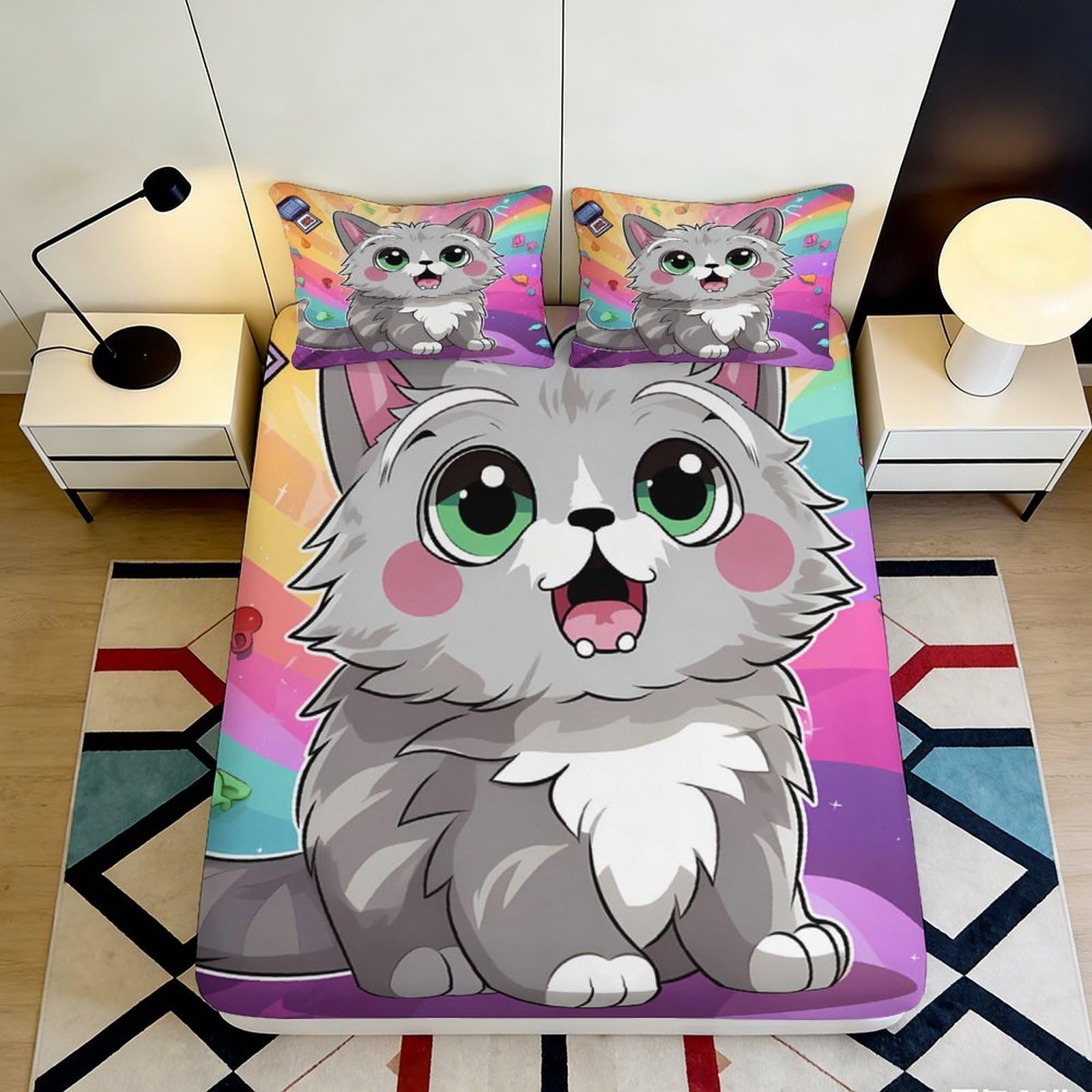 3D Printed Cute Grey Cat Fitted Sheet Microfiber Cartoon Rainbow Bed Cover for Bedroom Dorm Mattress Decor Protection 90x200x25cm