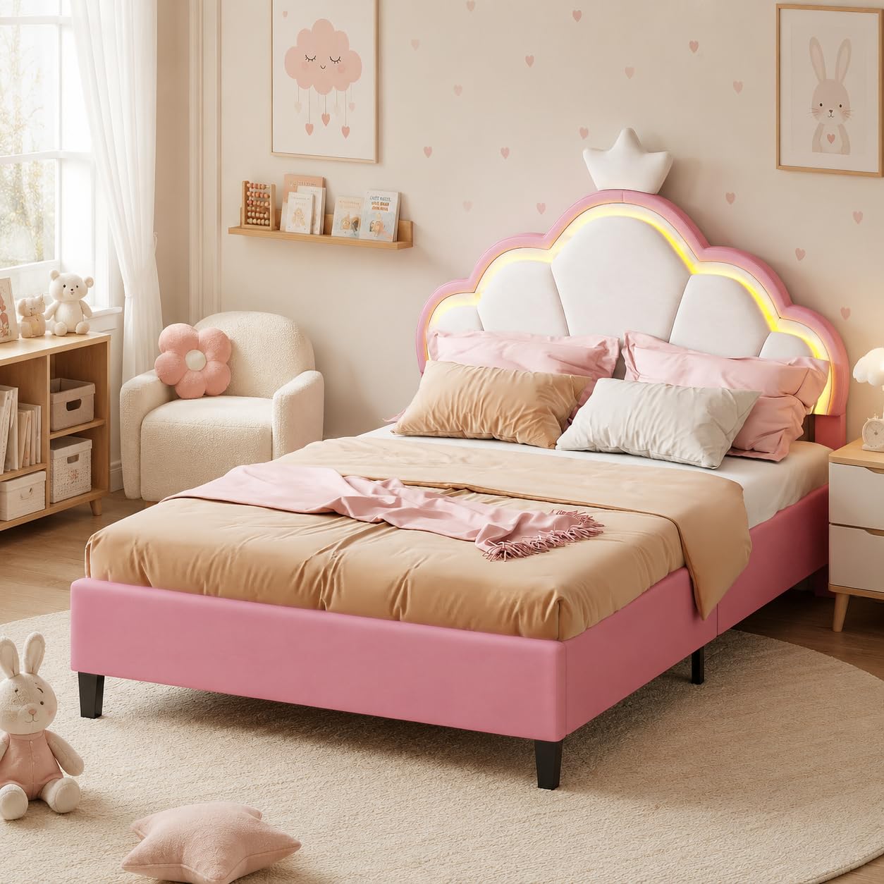 Polsterbett 90x200 für Kinder mit LED-Beleuchtung, Kinderbett Bettgestell für Mädchen mit Wolken-Kopfteil, höhenverstellbares Kopfteil, Prinzessin Bett Rosa mit Lattenrost, Samt (Rosa, 90×200cm)