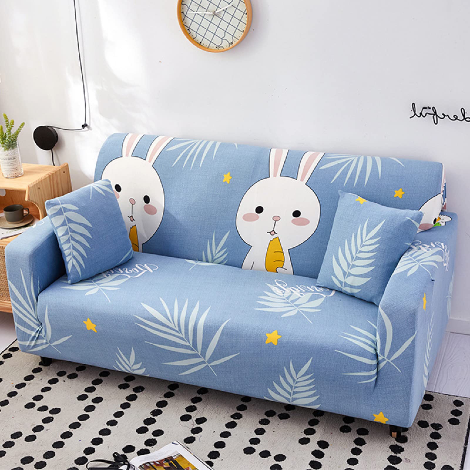 Funda para sofá de 3 plazas elástica con diseño de conejo azul y funda de almohada