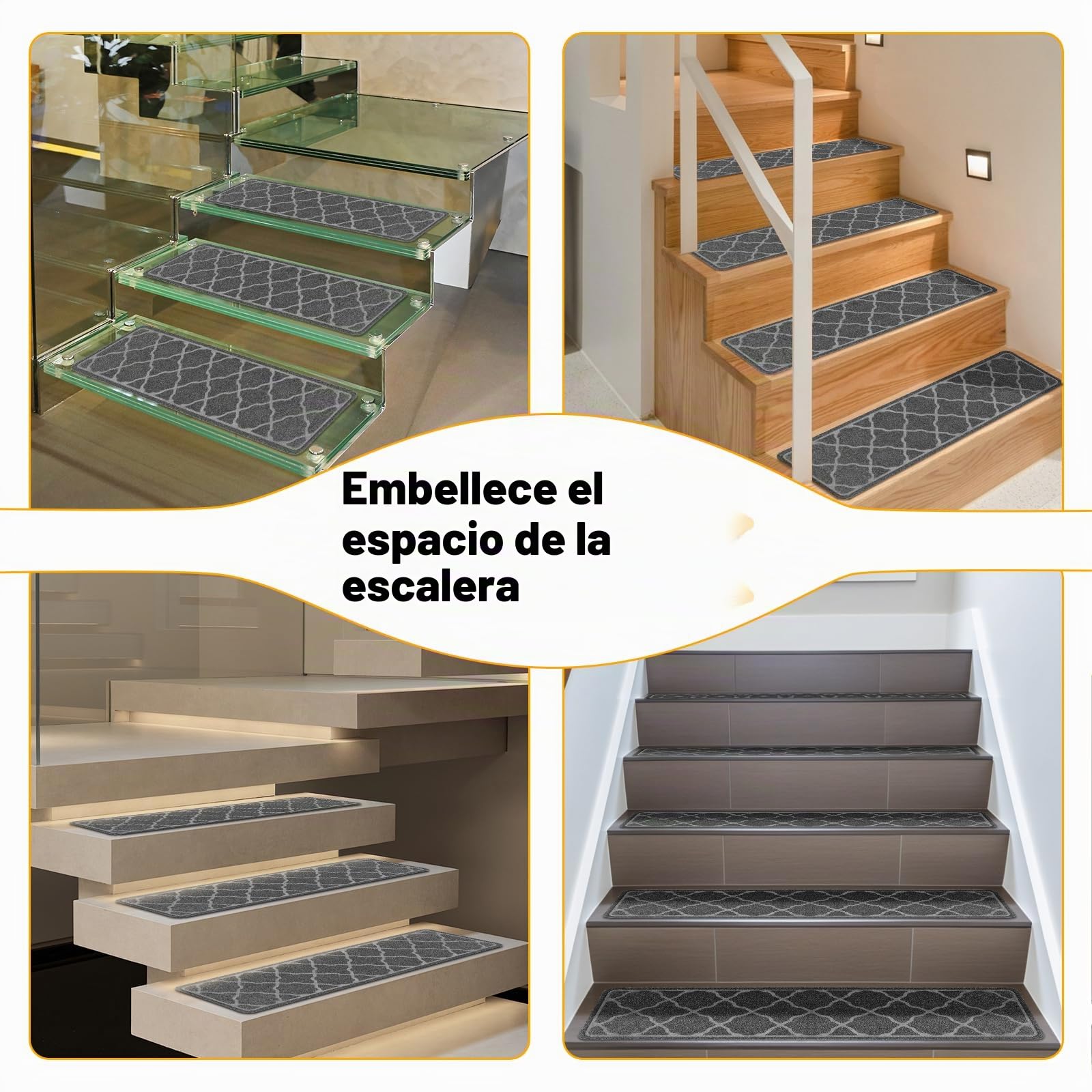 Daletu Peldaños de Escalera Antideslizantes de 76x20 cm (15 Unidades), alfombras de Interior Lavables a máquina, Reutilizables, con Base de TPR Antideslizante para niños, Ancianos y Perros.