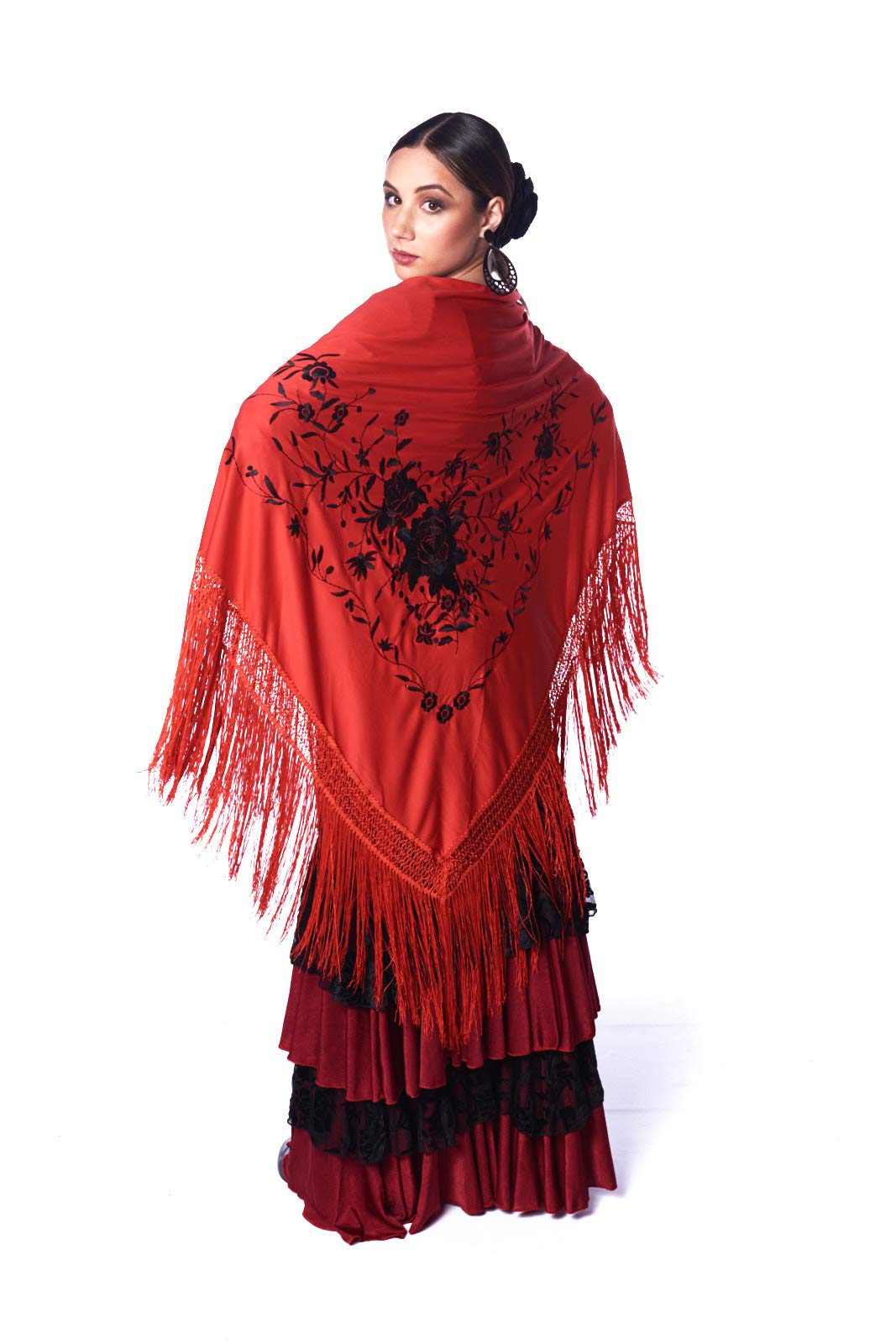 Amazon | フラメンコ三角形の赤いショール、フリンジ付き。片側に赤い