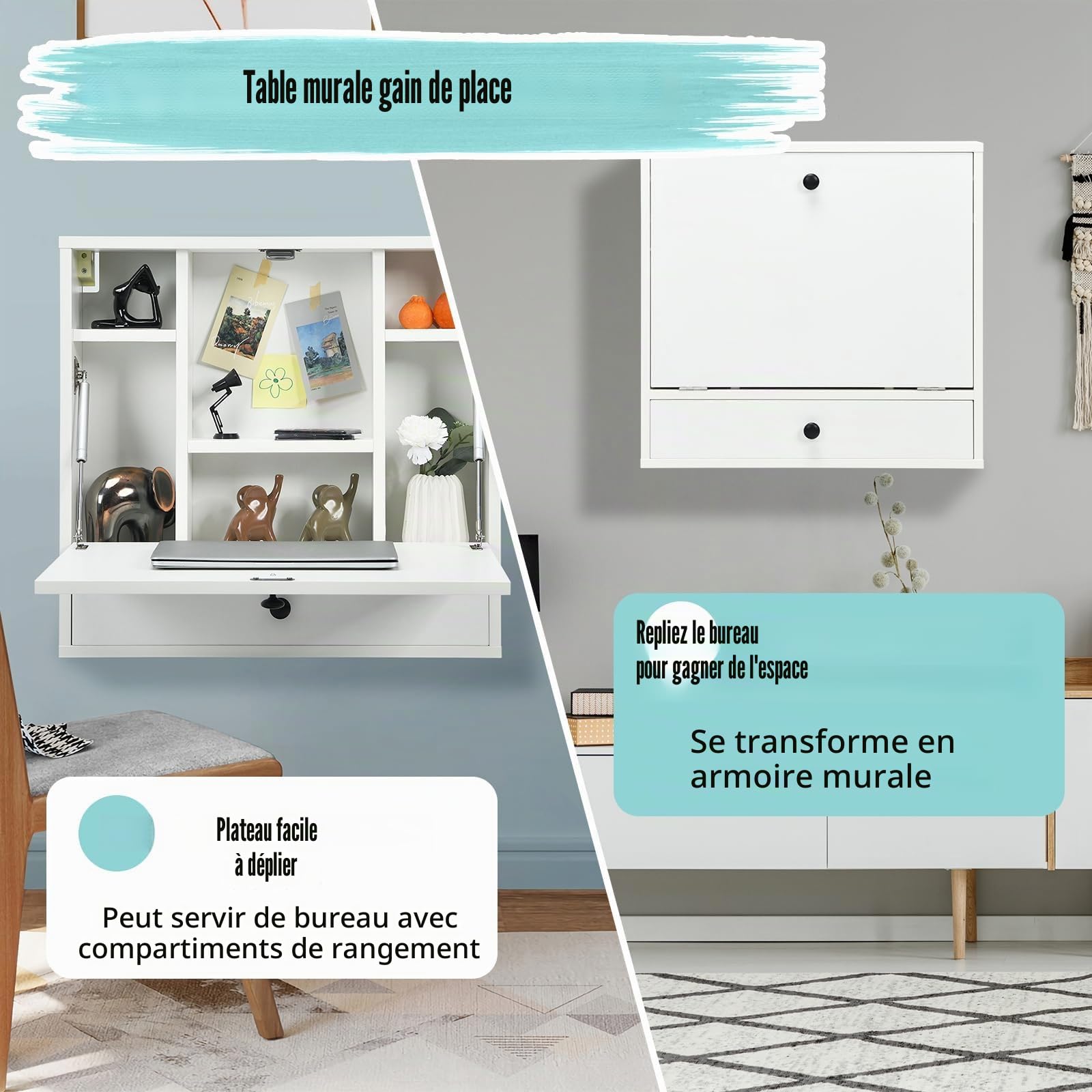 FANTASK Bureau d'ordinateur Pliable avec Compartiments de Rangement et tiroir, Table Murale Pliante pour Bureau à Domicile et Petites pièces, Blanc