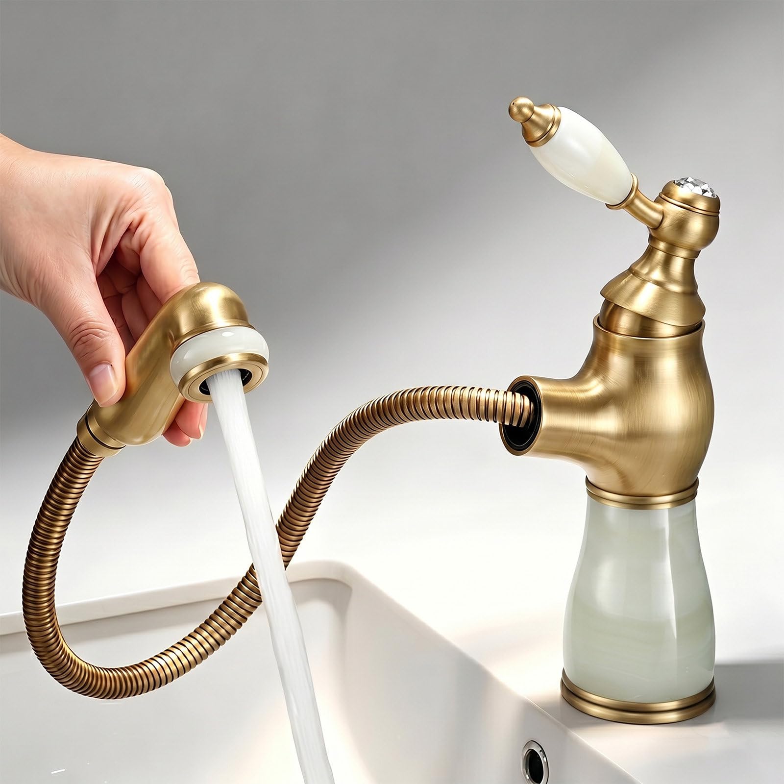 Grifo de Baño, Monomando Lavabo de Latón con Alcachofa Extraíble | Grifo Lavabo Monomando Agua Fría y Caliente, con Cartucho de Cerámica y Latiguillos, Estilo Rétro, Fácil Instalación